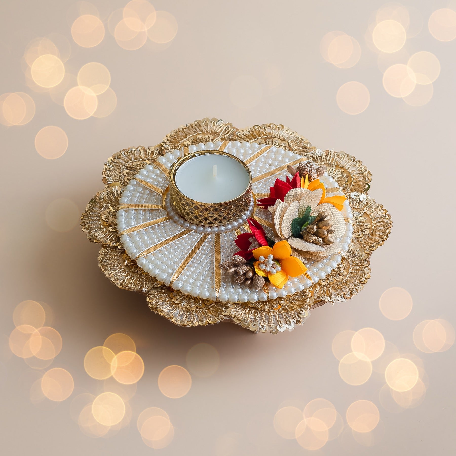 Handcrafted Pearl & Floral Tea Light Holder with Golden Detailing