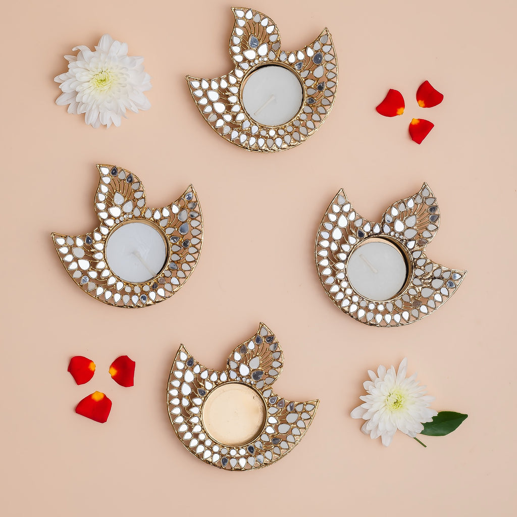 Handcrafted Diya Mirror Work Tea Light Holder-Set of 4