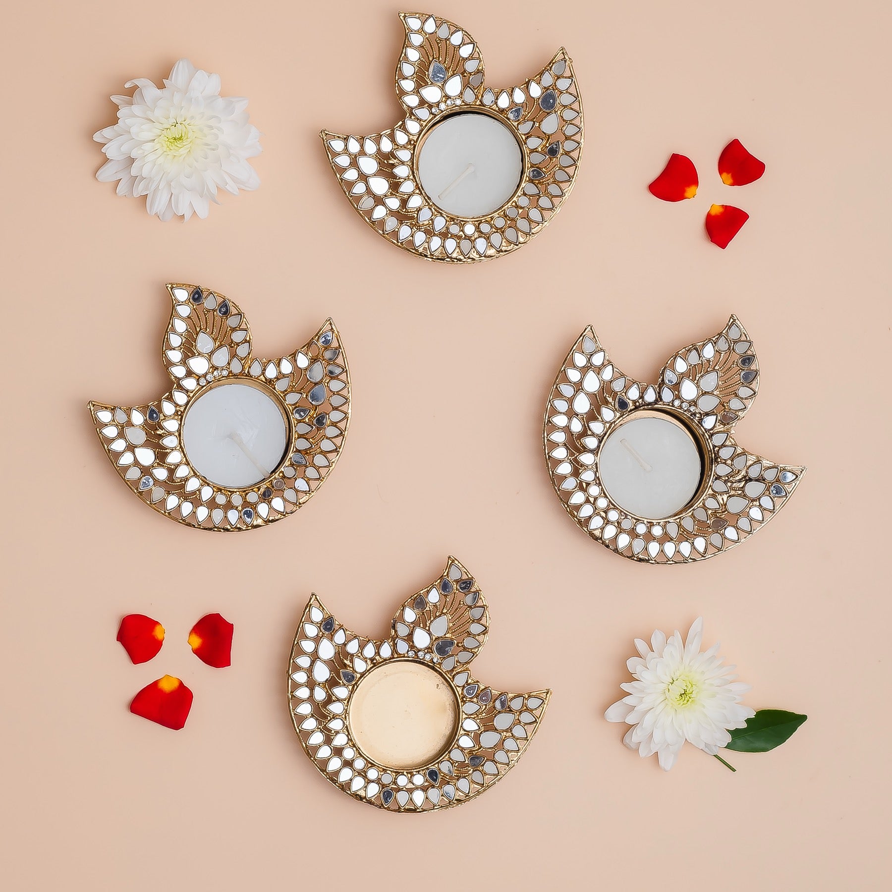 Handcrafted Diya Mirror Work Tea Light Holder-Set of 4