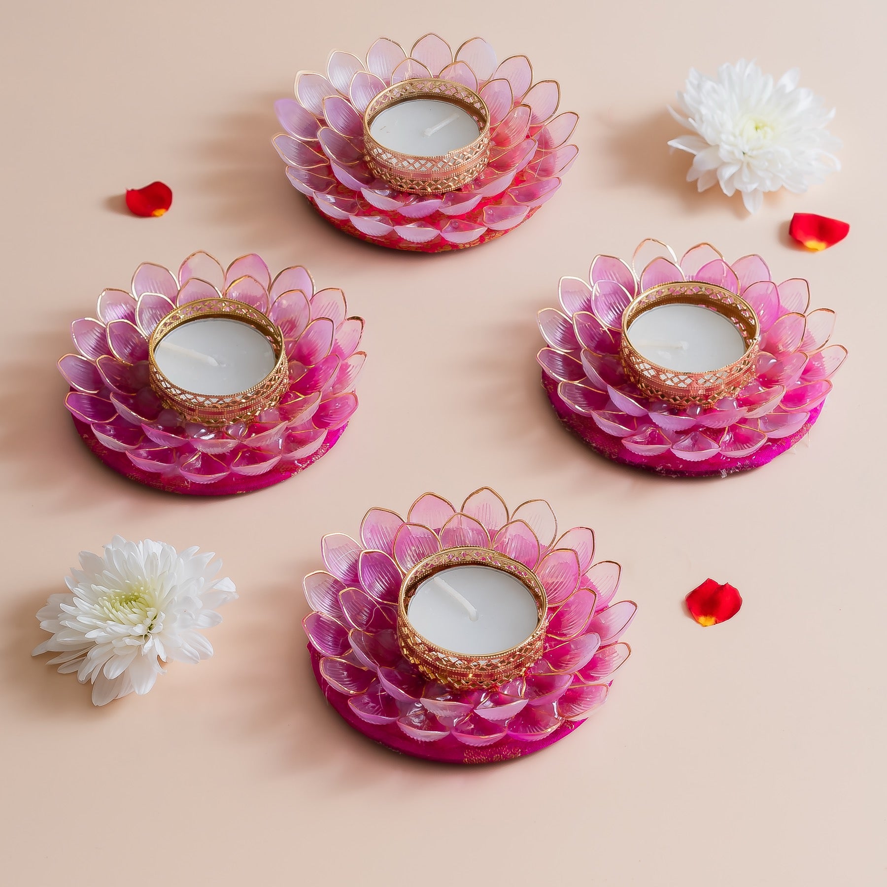 Handcrafted Lotus Design Tea Light Holder with Golden Accents- Set of 4