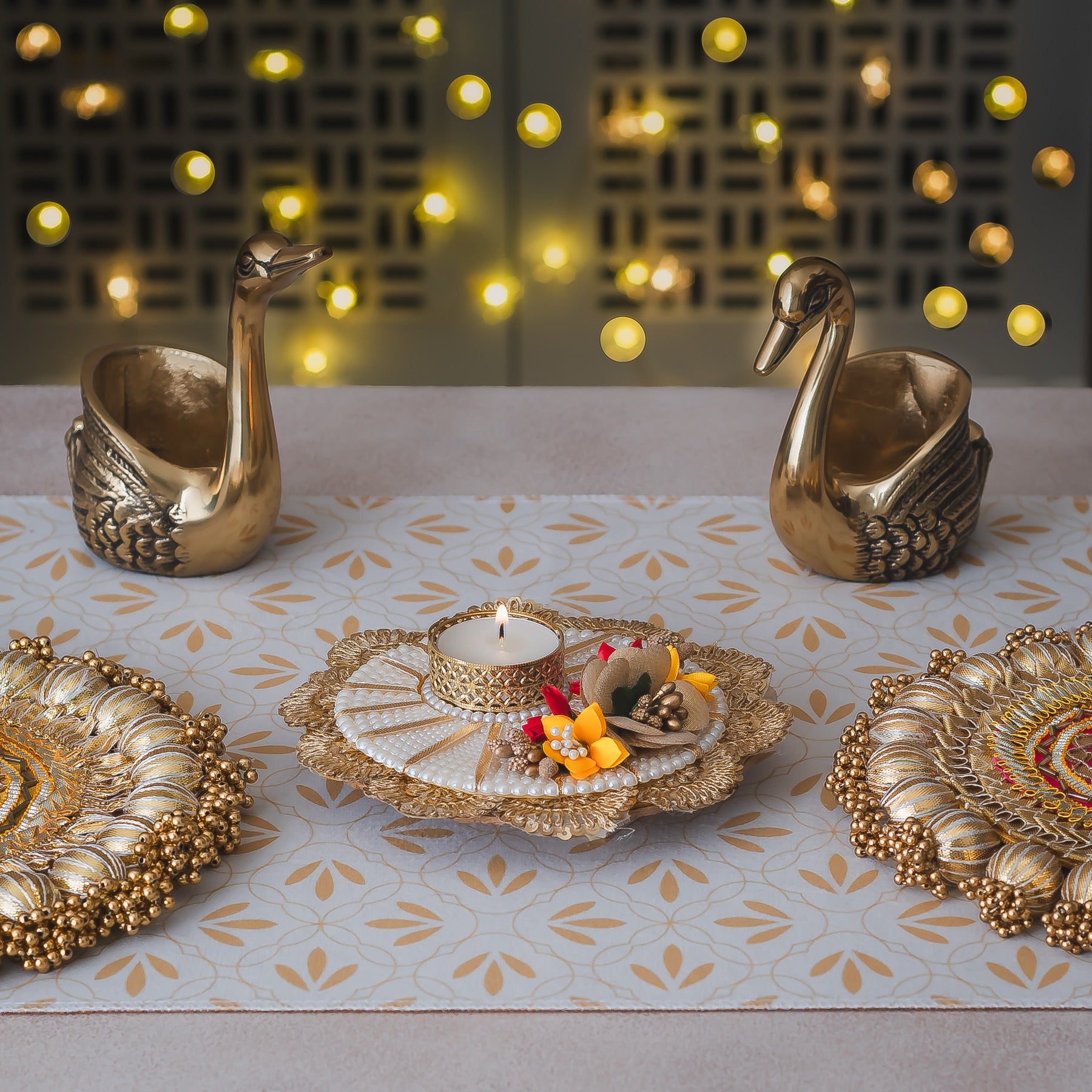 Handcrafted Pearl & Floral Tea Light Holder with Golden Detailing