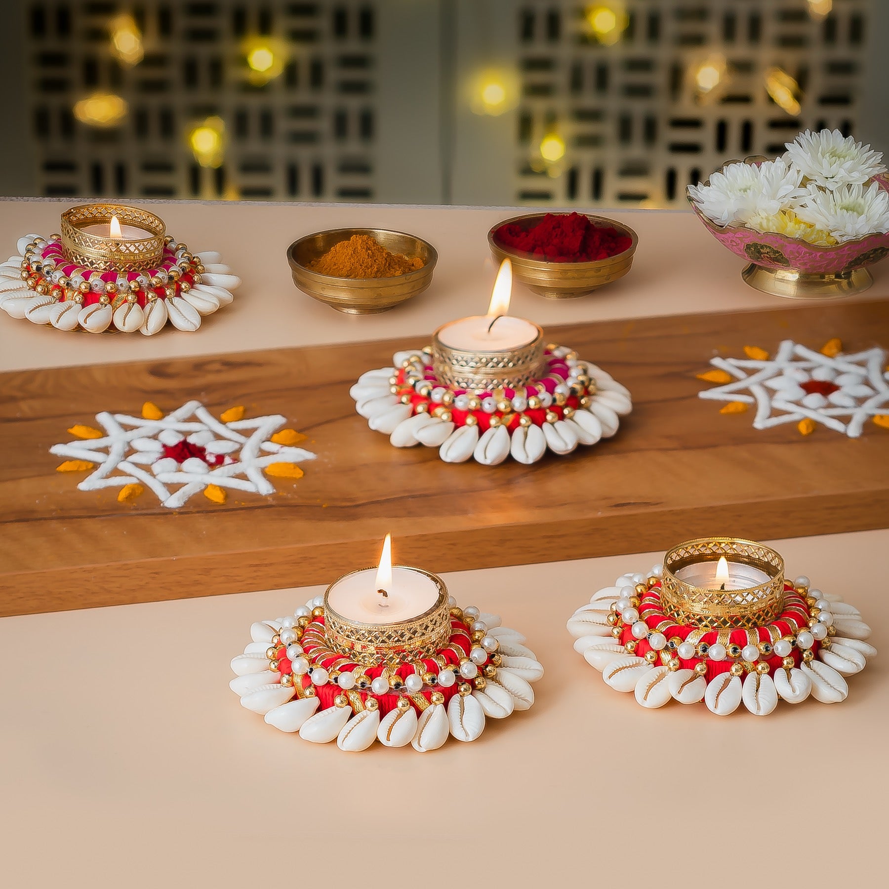 Handcrafted Kodi Shell Tea Light Holder-Set of 4