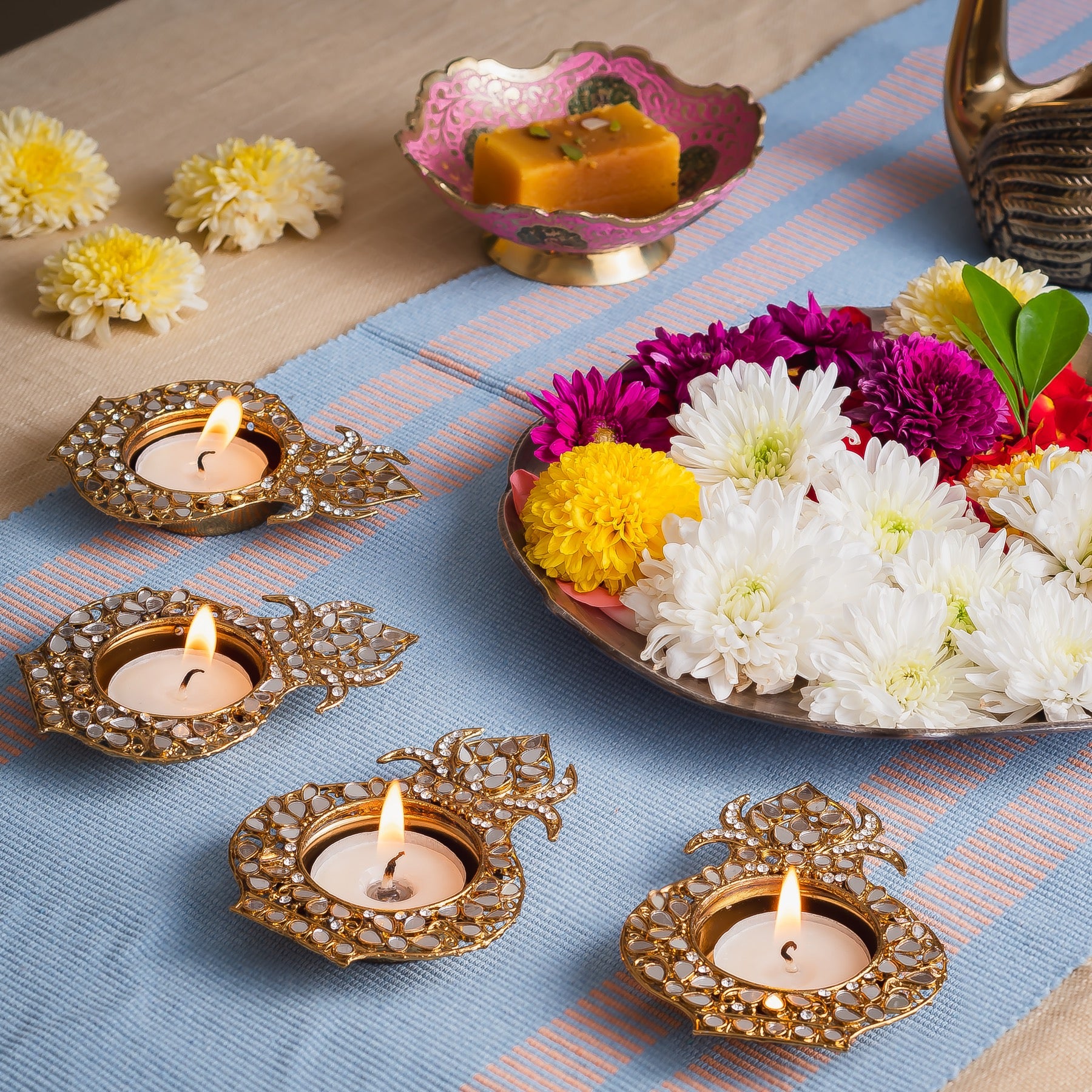 Handcrafted Diya Mirror Work Tea Light Holder-Set of 4
