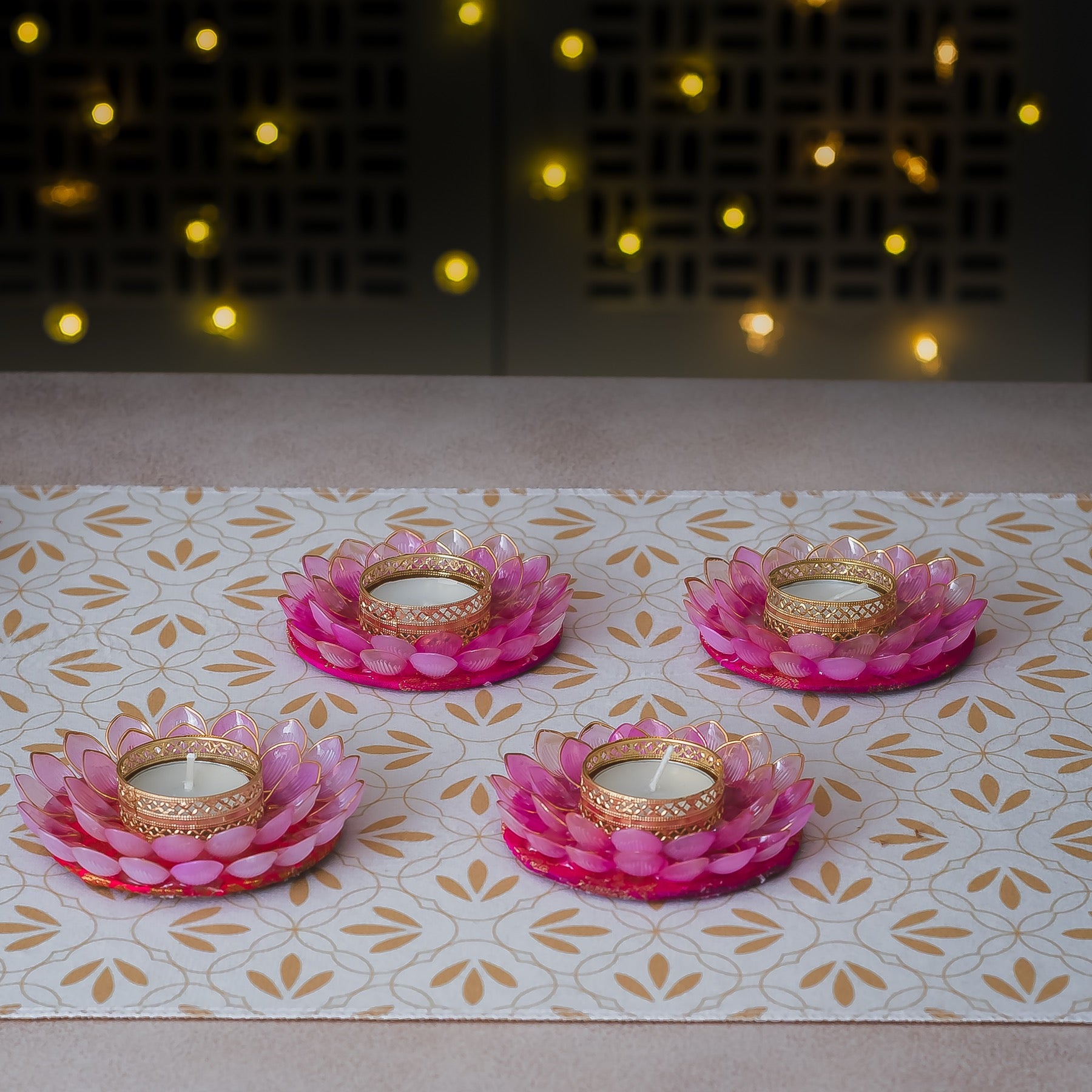 Handcrafted Lotus Design Tea Light Holder with Golden Accents- Set of 4
