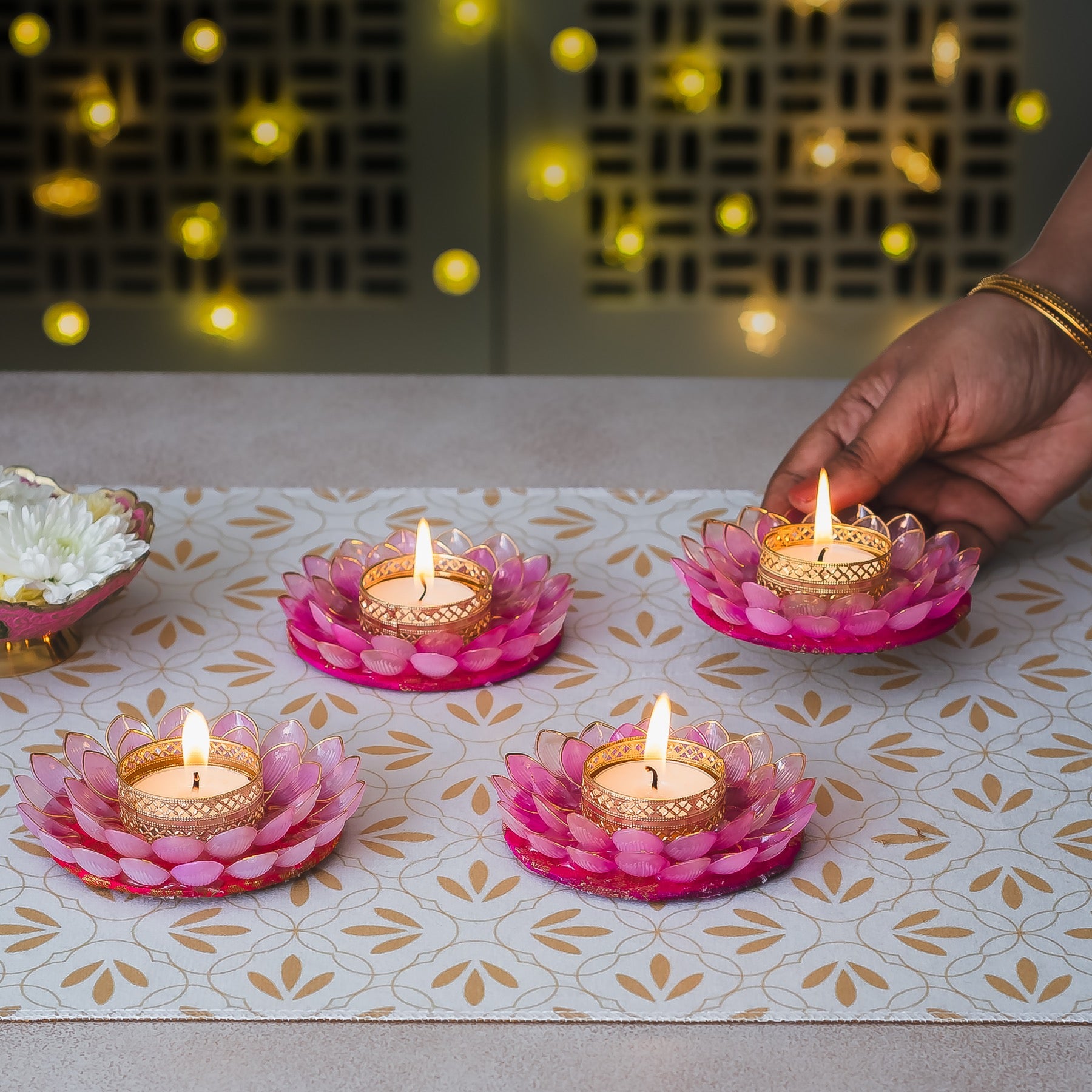 Handcrafted Lotus Design Tea Light Holder with Golden Accents- Set of 4