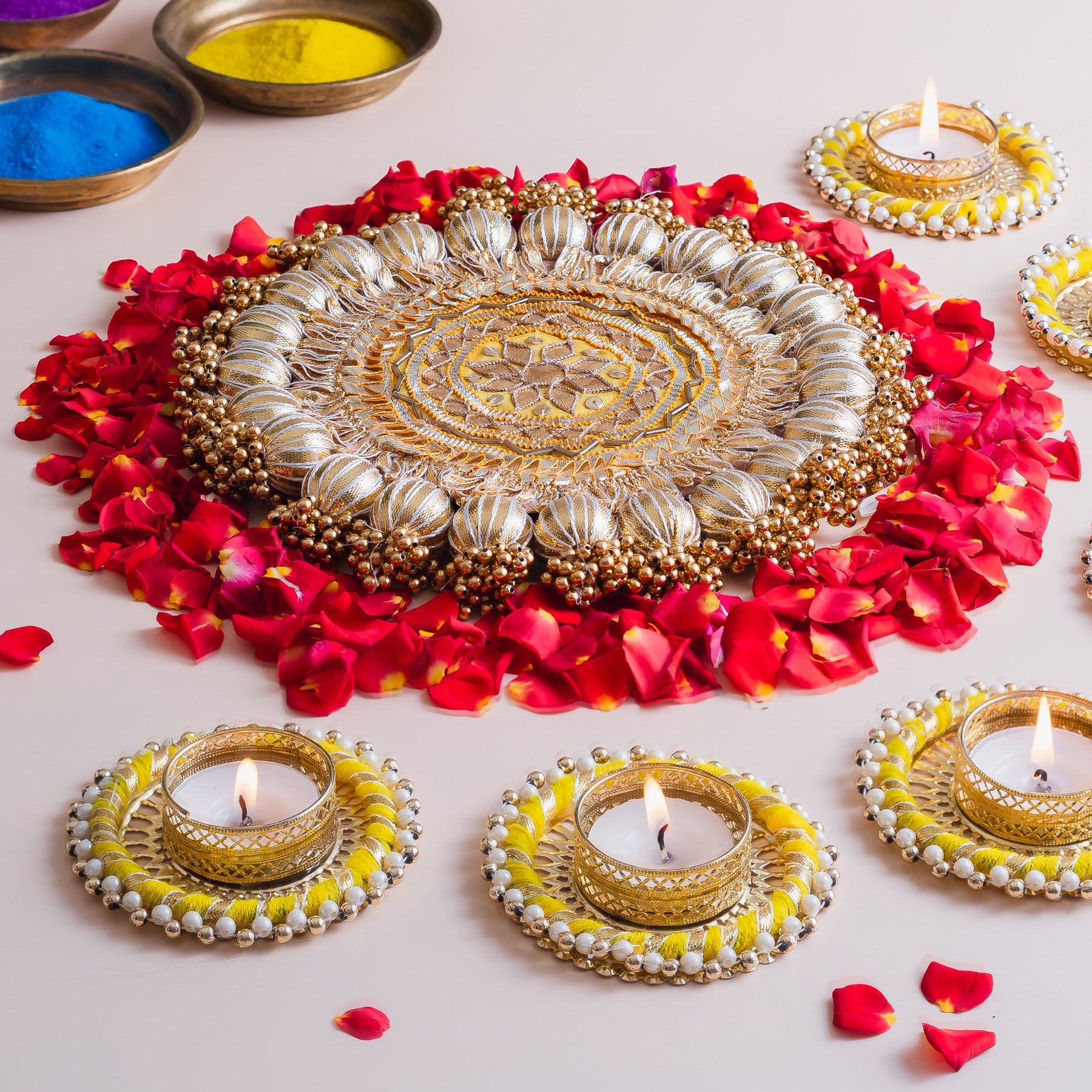 Yellow & Gold Pearl Embellished Rangoli with Tealight Holders