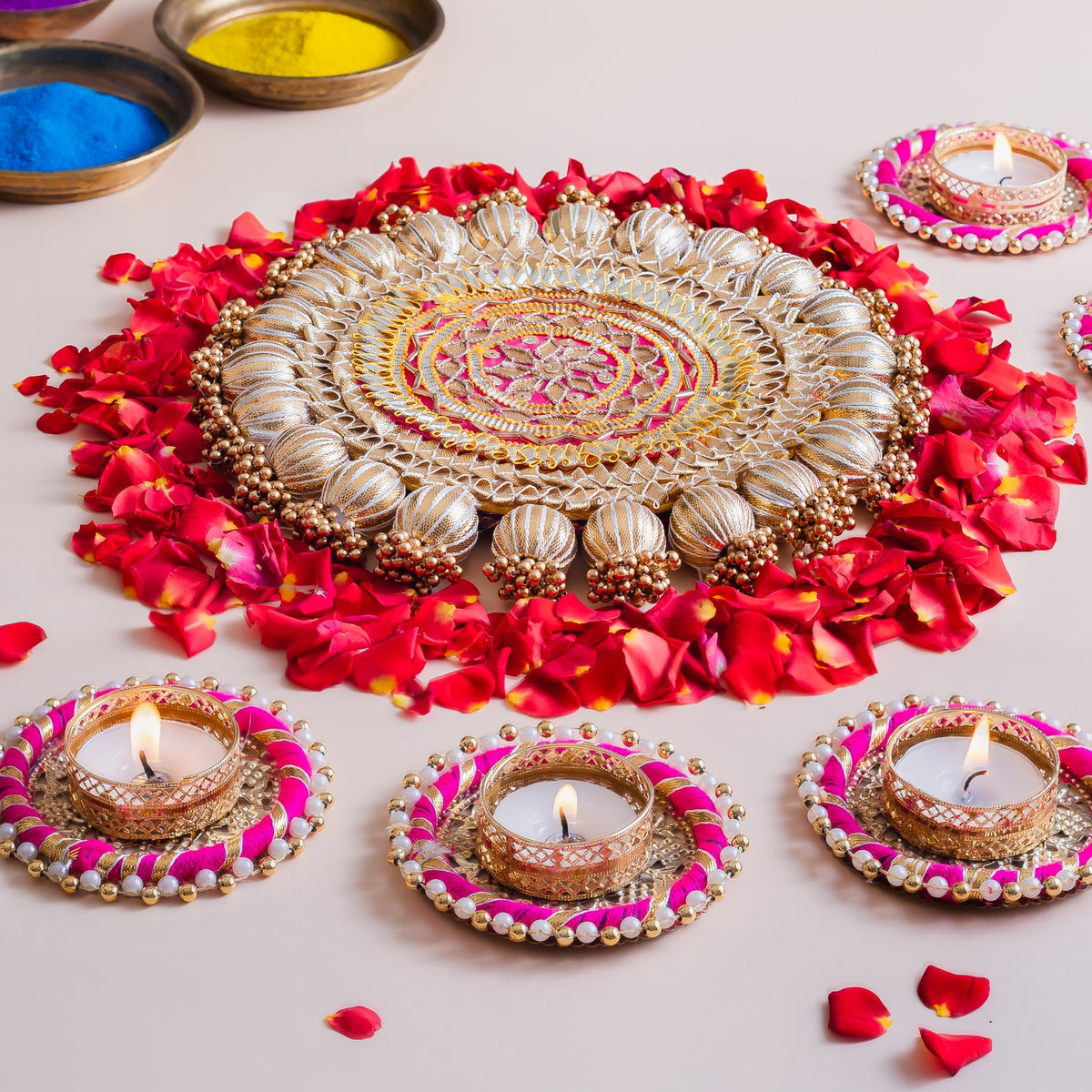 Pink & Gold Pearl Embellished Rangoli with Tealight Holders