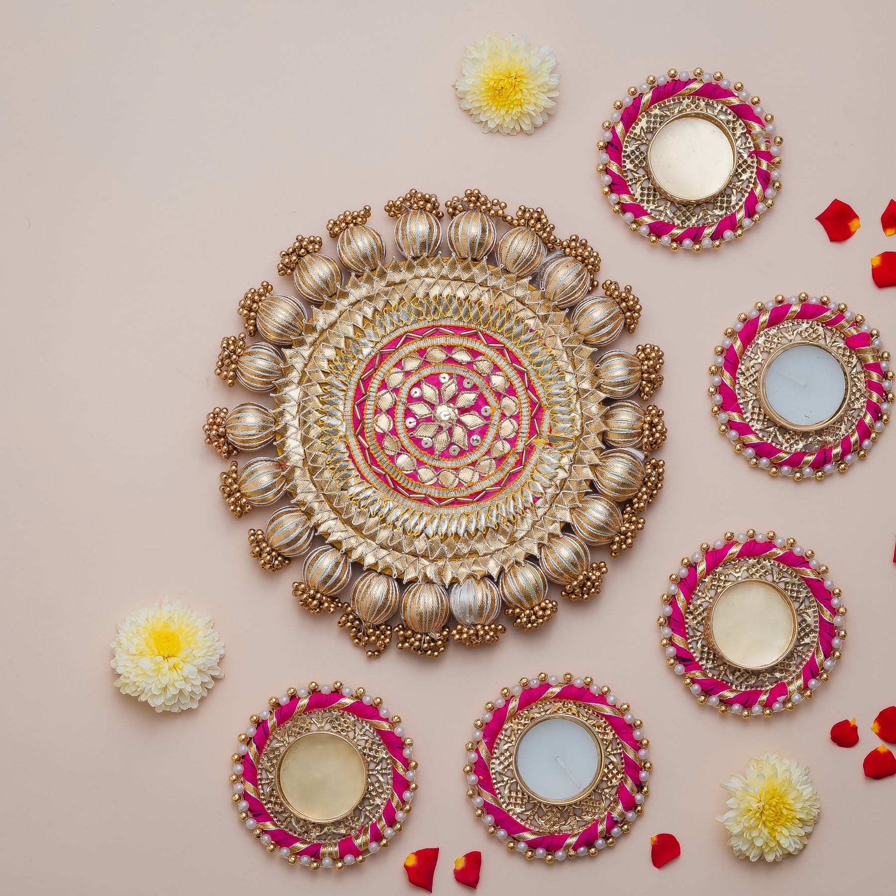 Pink & Gold Pearl Embellished Rangoli with Tealight Holders