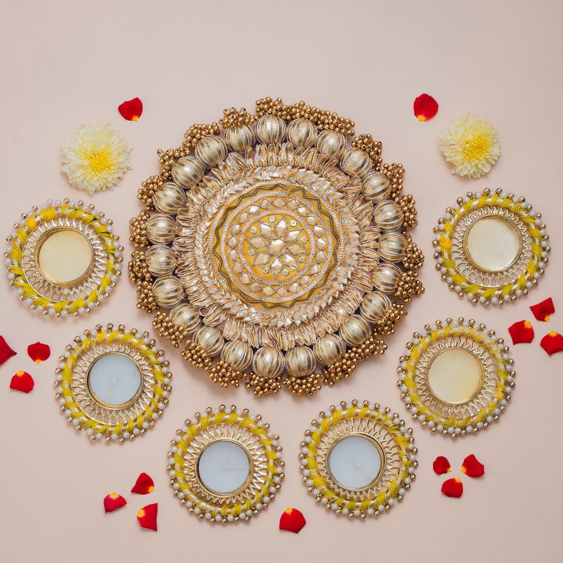 Yellow & Gold Pearl Embellished Rangoli with Tealight Holders