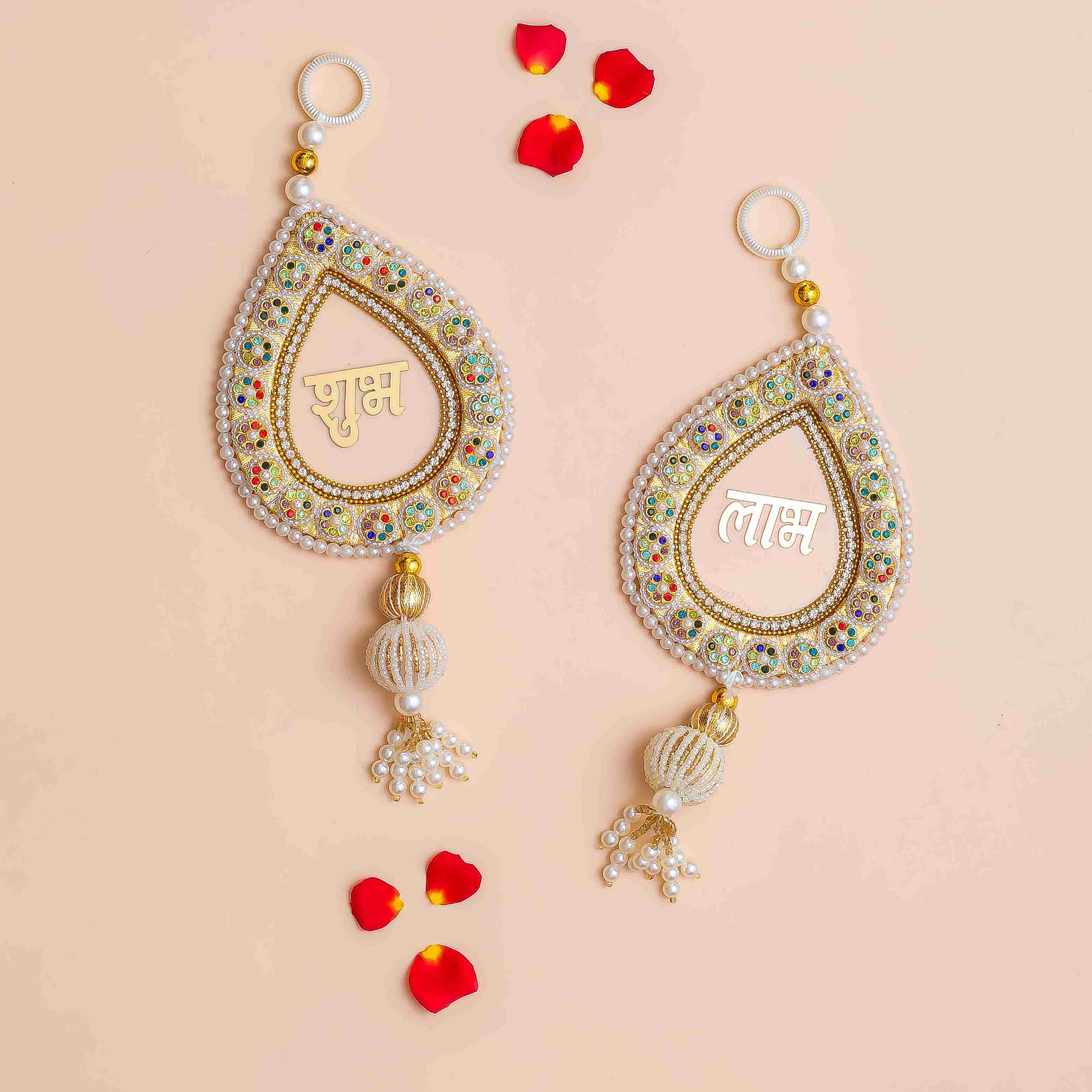 Handcrafted White & Multicolor Stone Beaded Shubh Labh Pair with Pearl Tassels
