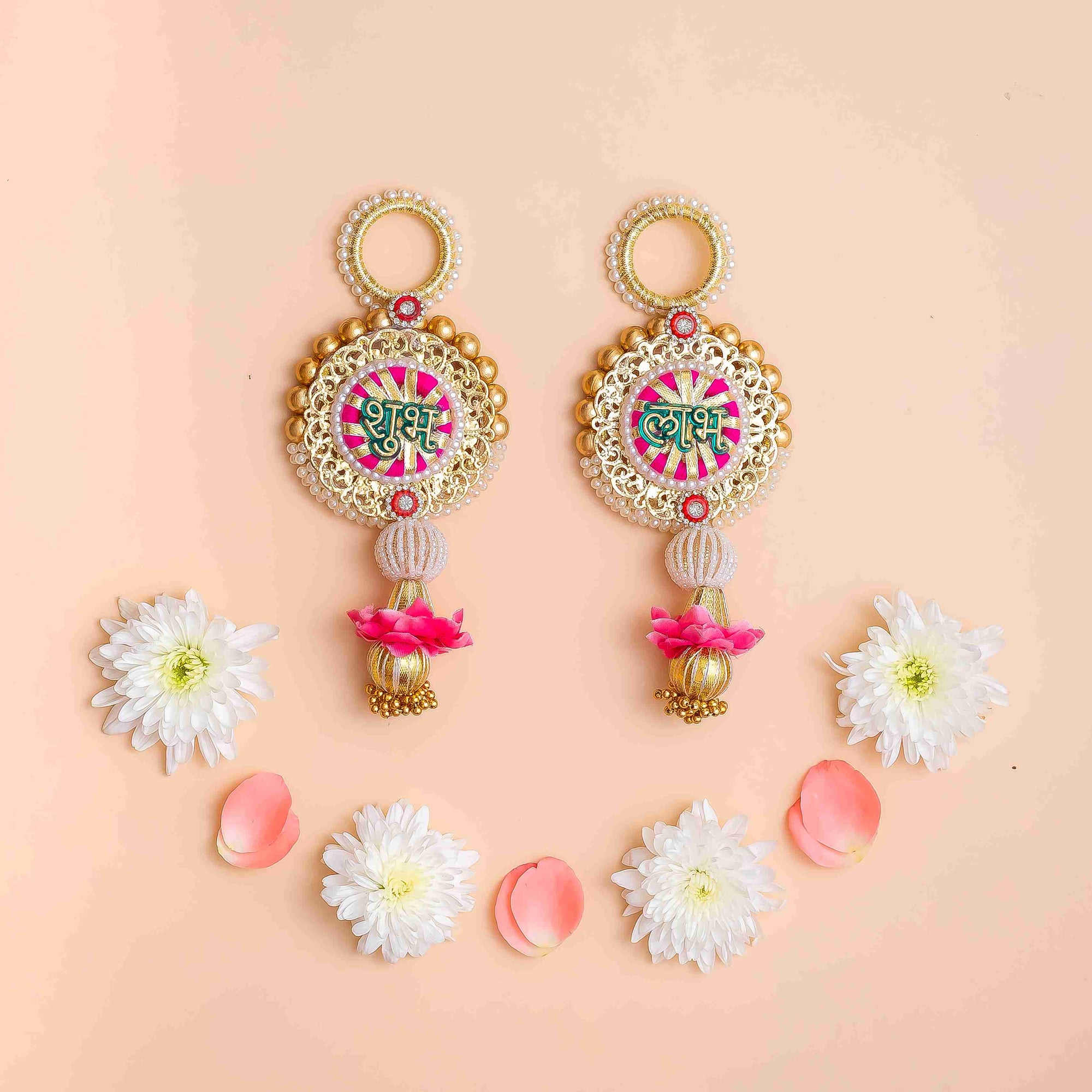 Handcrafted Golden Pearl Shubh Labh Pair with Floral Tassel