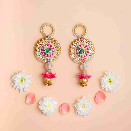 Handcrafted Golden Pearl Shubh Labh Pair with Floral Tassel