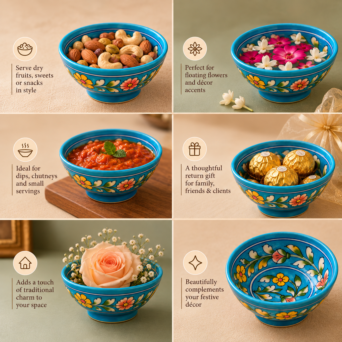 Hand-Painted Blue Pottery Floral Bowl -Set of 4