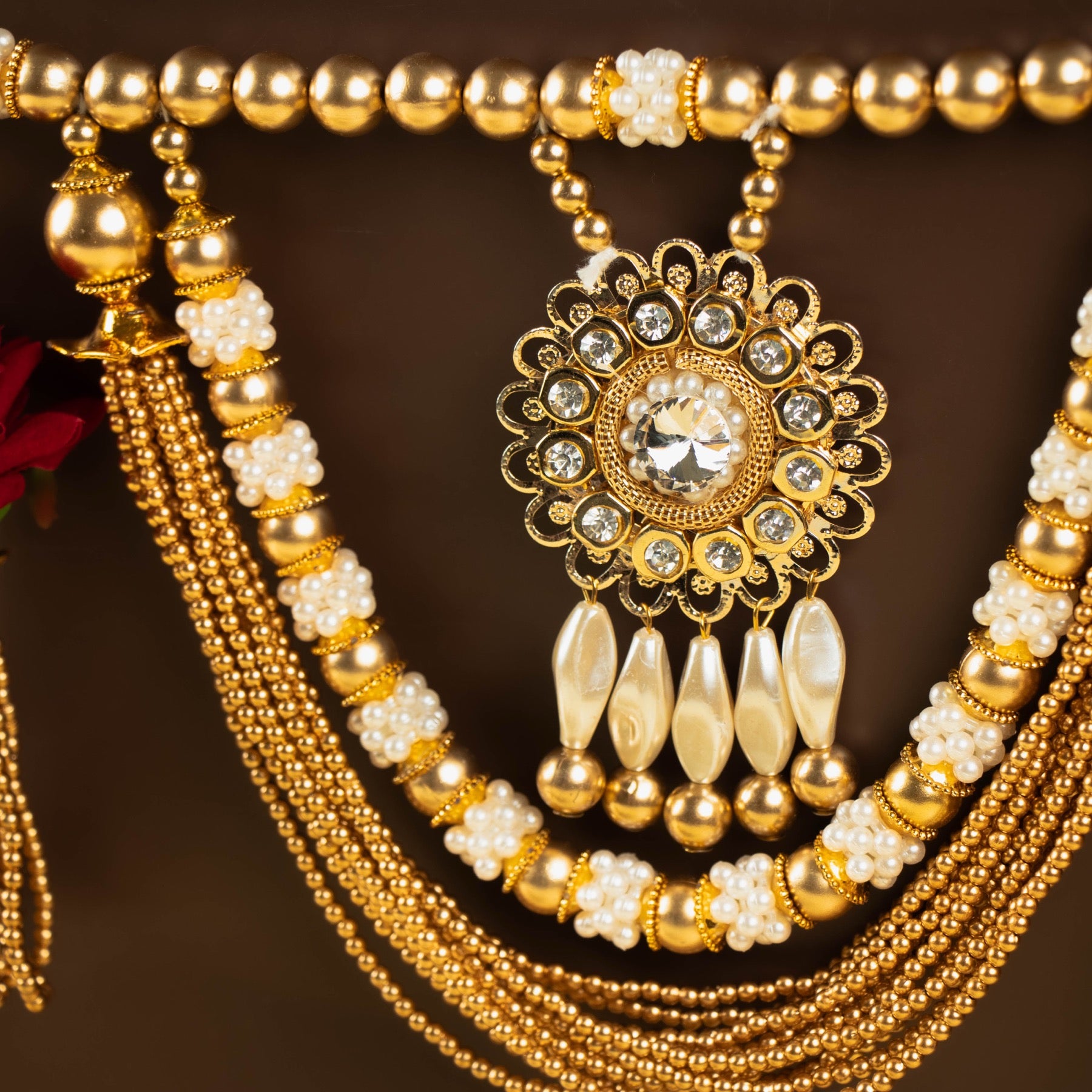 Handcrafted Red Floral Pearl & Beaded Door Toran with Kundan Stone Work