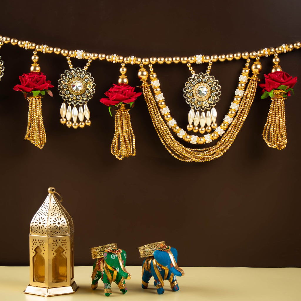 Handcrafted Red Floral Pearl & Beaded Door Toran with Kundan Stone Work