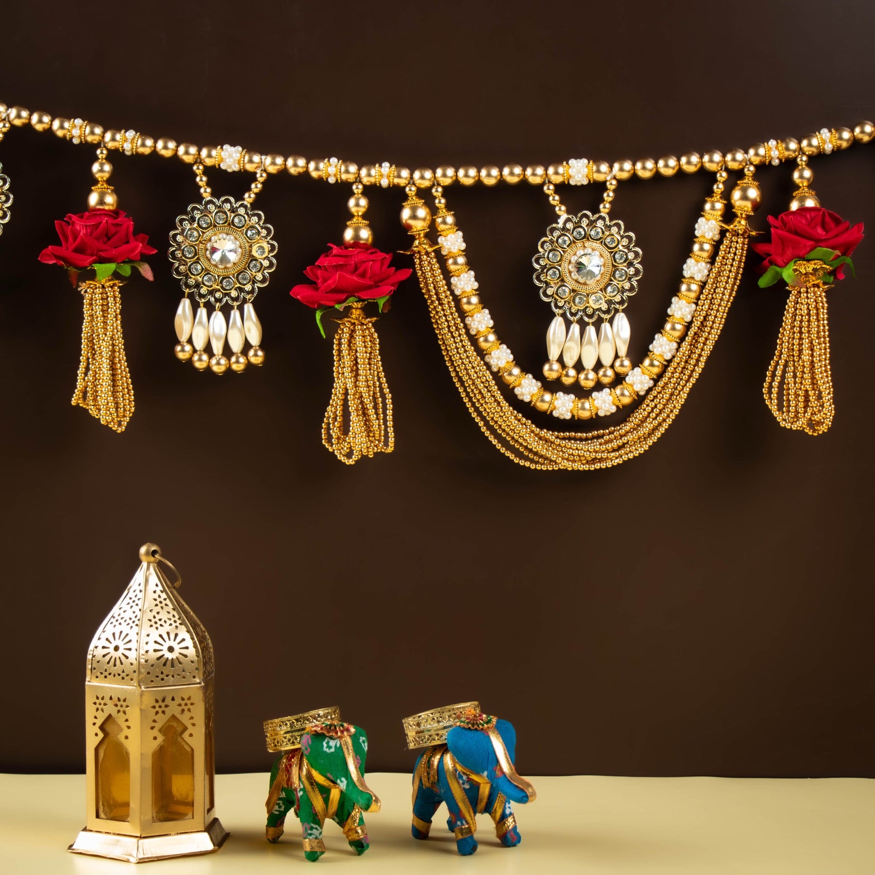 Handcrafted Red Floral Pearl & Beaded Door Toran with Kundan Stone Work