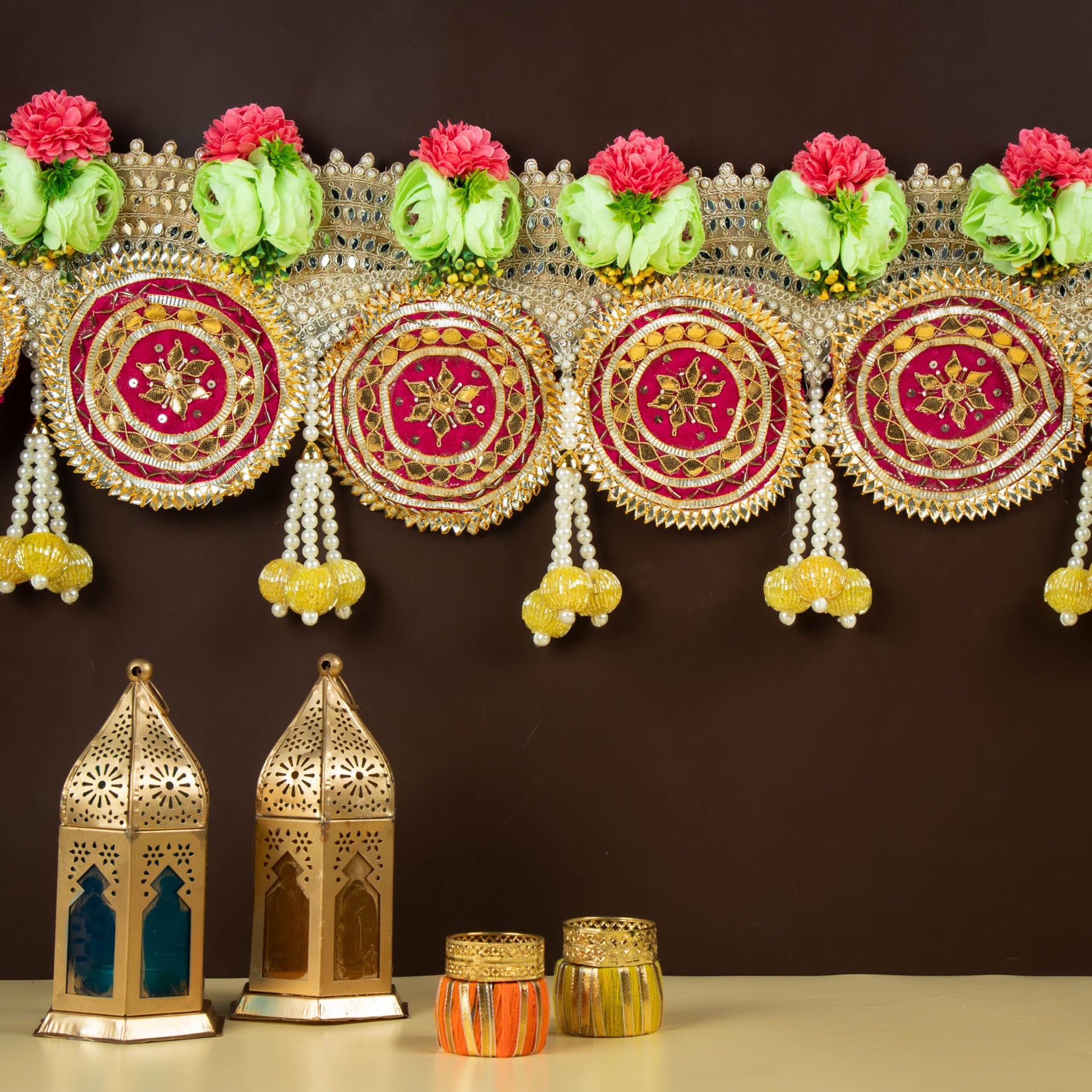 Handcrafted Mirror, Gotta Patti & Floral Pearl Tassel Toran