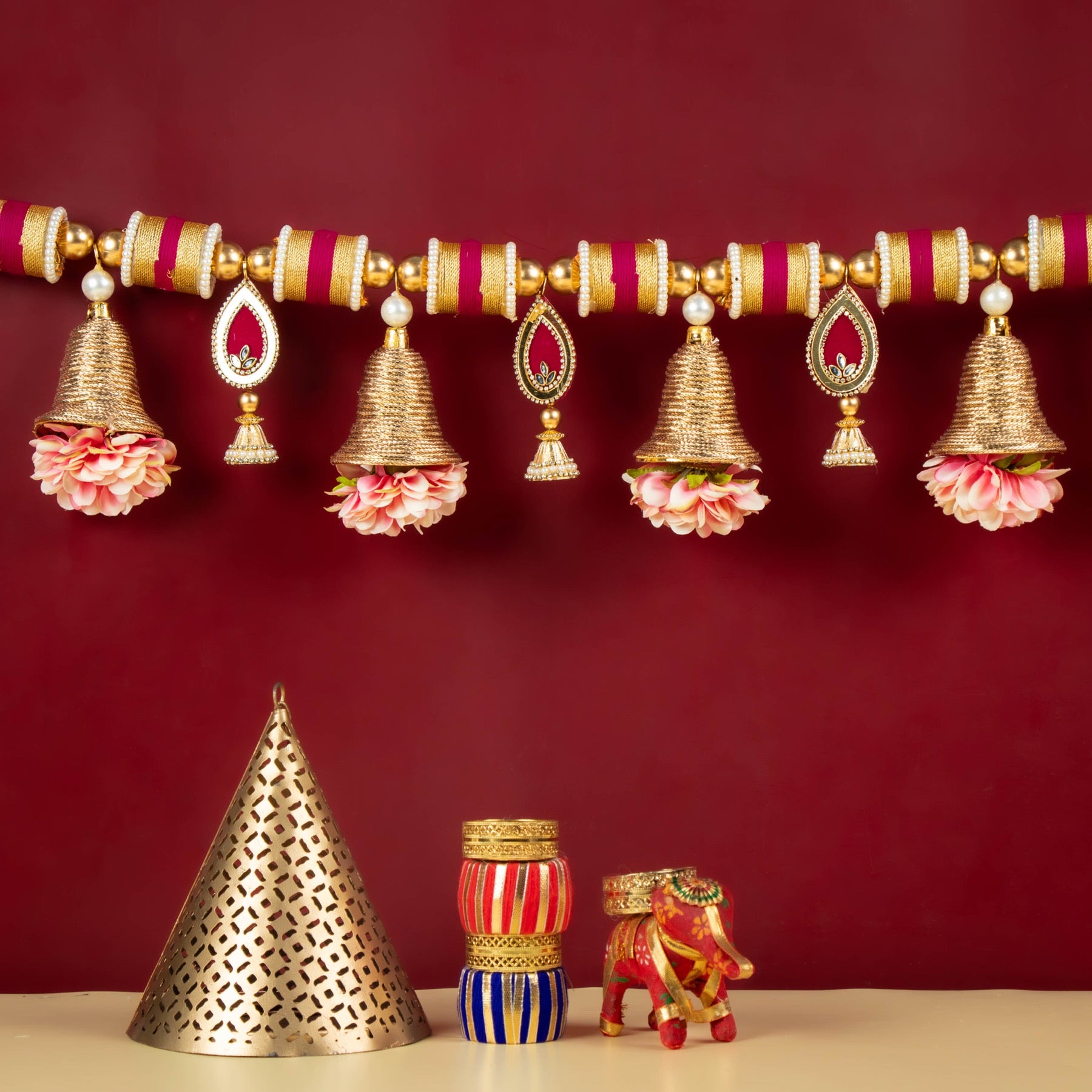 Handcrafted Golden Bell & Pink Floral Toran with Beaded Accents