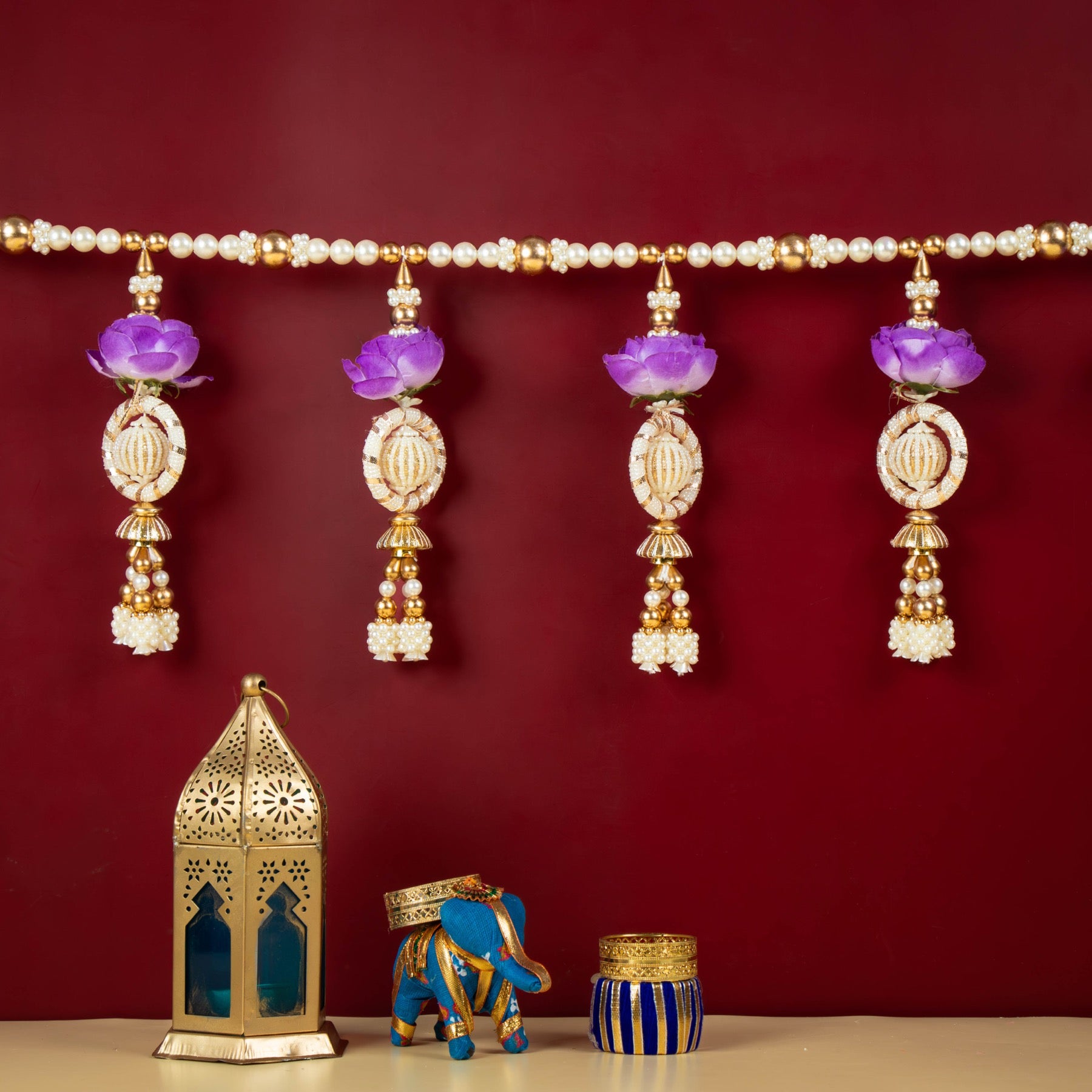 Handcrafted Purple Floral Beaded Toran with Golden Pearl Work