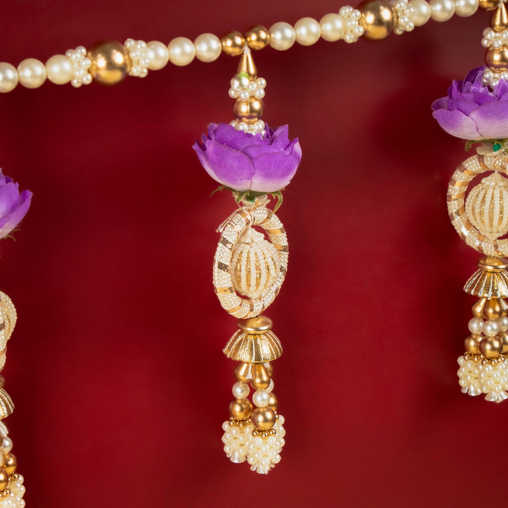 Handcrafted Purple Floral Beaded Toran with Golden Pearl Work