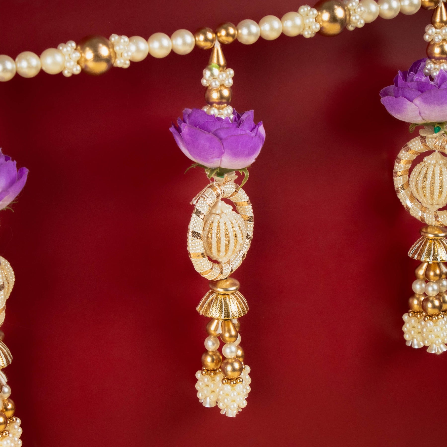 Handcrafted Purple Floral Beaded Toran with Golden Pearl Work