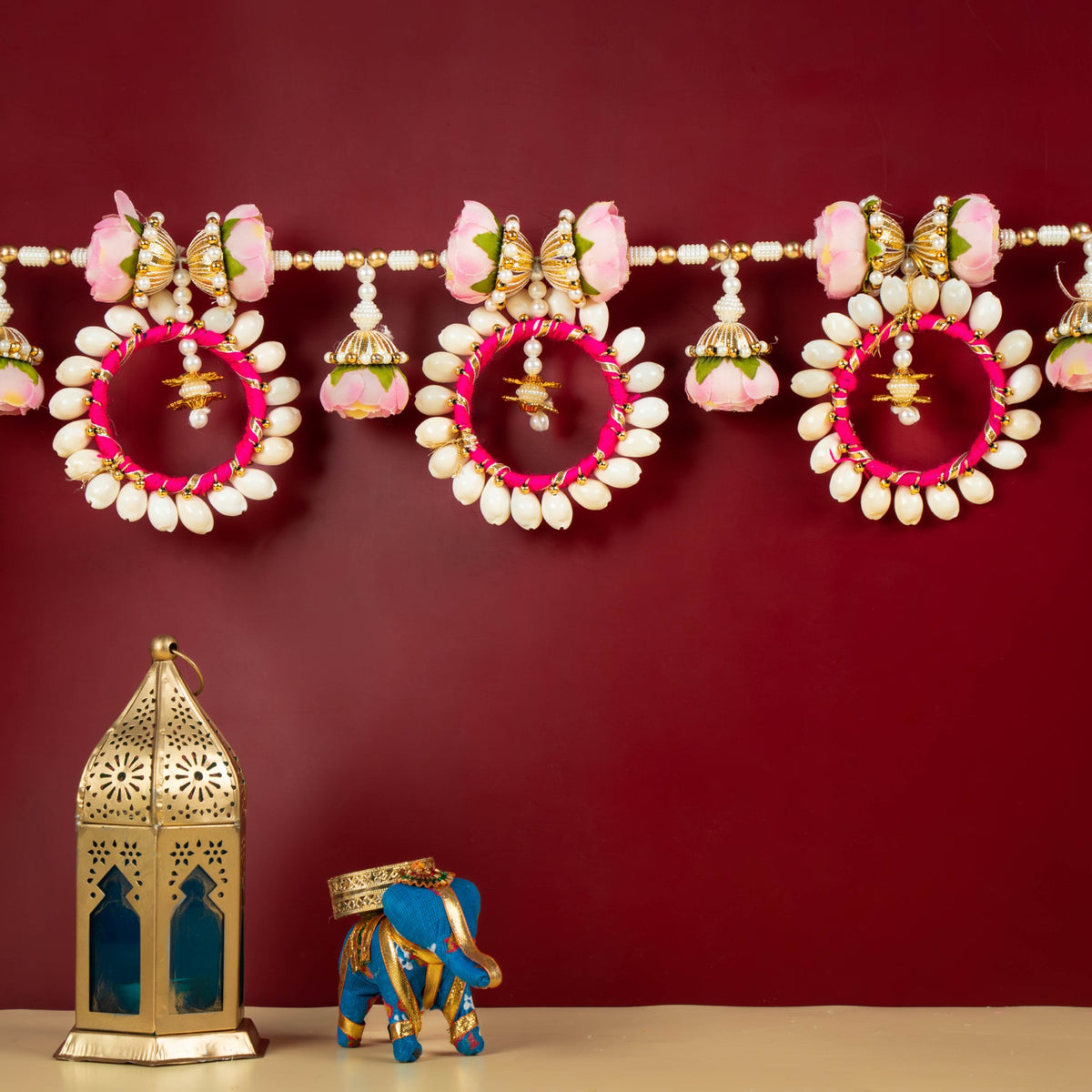 Handcrafted Pink Floral & Kodi Shell Toran