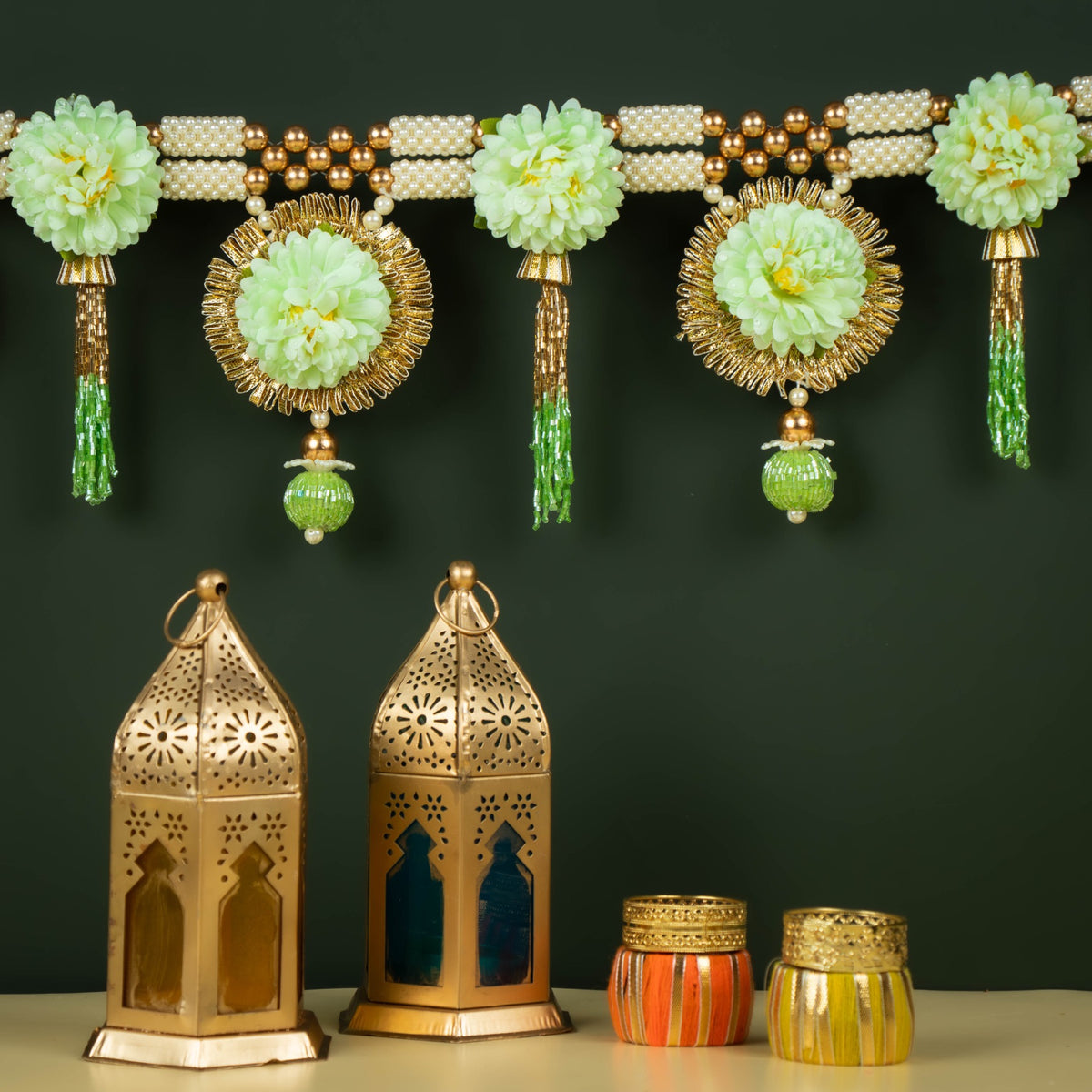 Handcrafted Mint Green Floral Pearl Toran