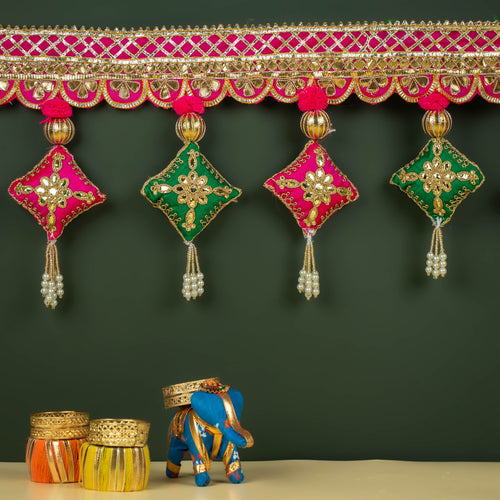 Handcrafted Multicolor Fabric Embroidered Shubh Labh Toran with Gota Patti Work