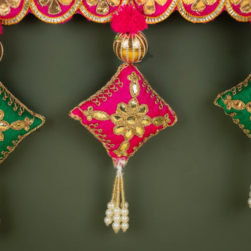 Handcrafted Multicolor Fabric Embroidered Shubh Labh Toran with Gota Patti Work