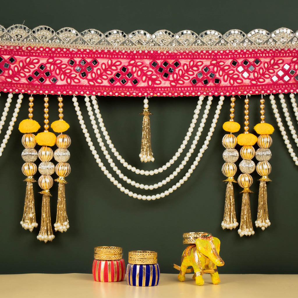 Handcrafted Rose Red Mirror, Pearl & Tassel Work Toran