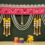 Handcrafted Rose Red Mirror, Pearl & Tassel Work Toran