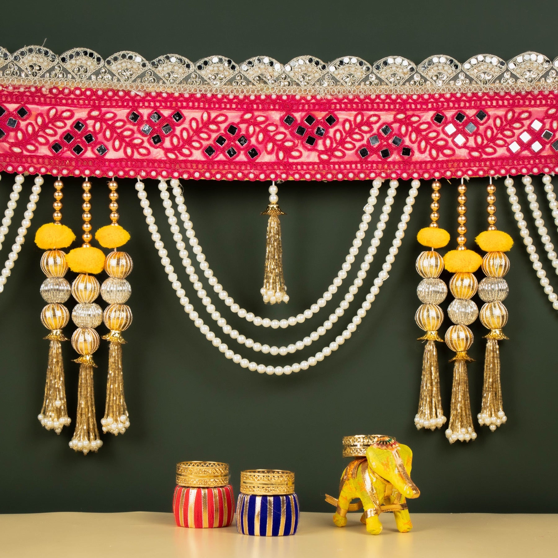 Handcrafted Rose Red Mirror, Pearl & Tassel Work Toran