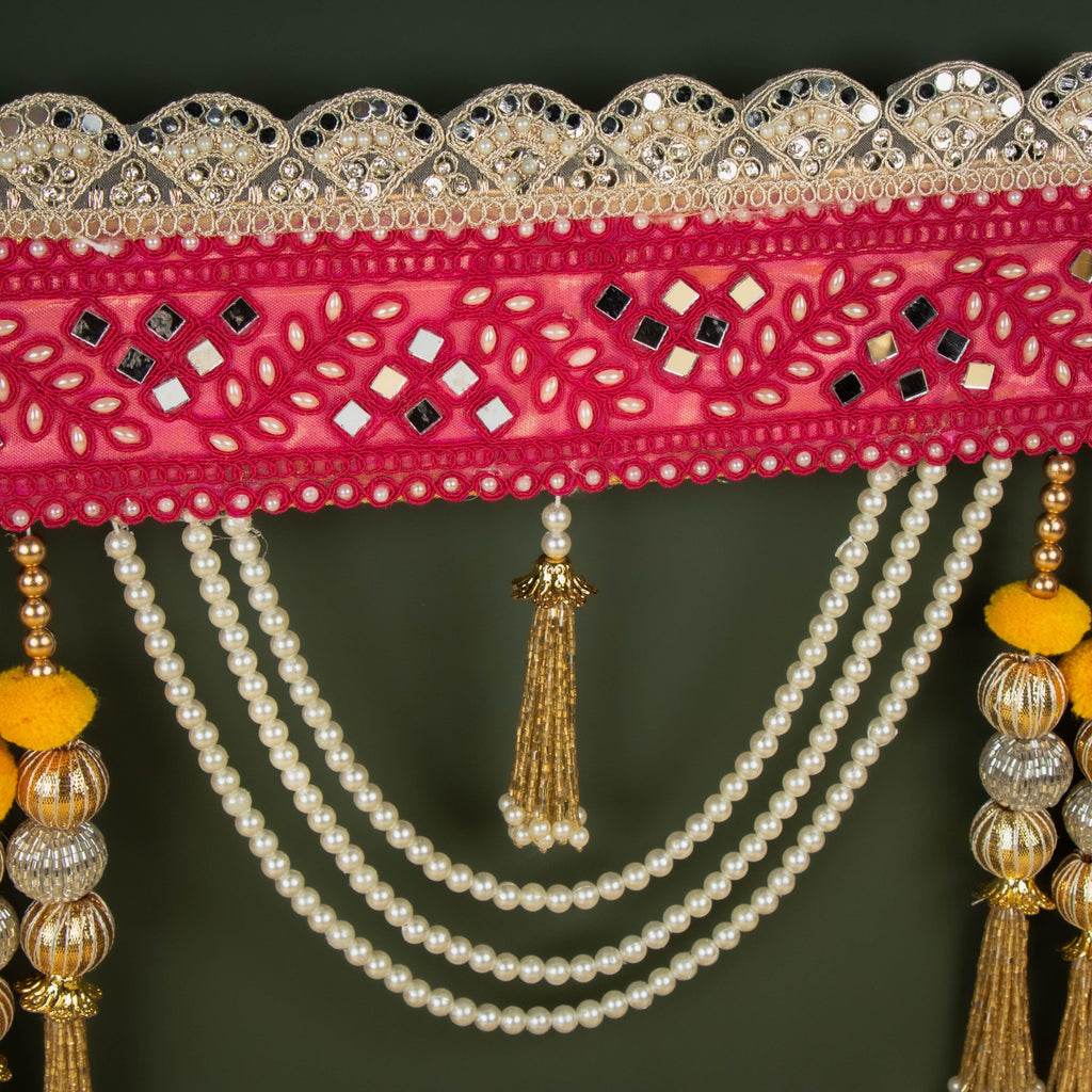 Handcrafted Rose Red Mirror, Pearl & Tassel Work Toran