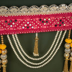 Handcrafted Rose Red Mirror, Pearl & Tassel Work Toran