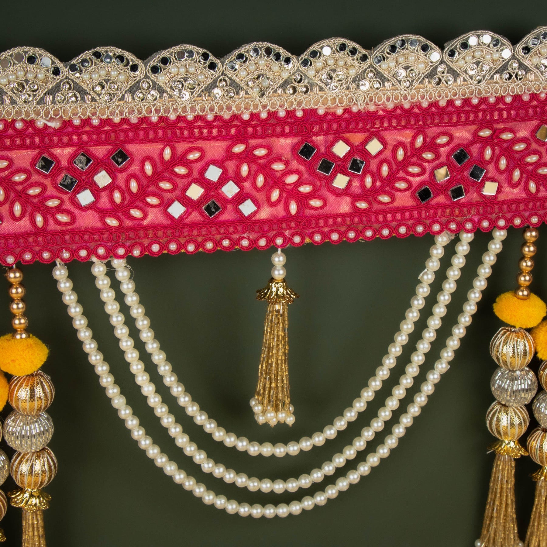 Handcrafted Rose Red Mirror, Pearl & Tassel Work Toran