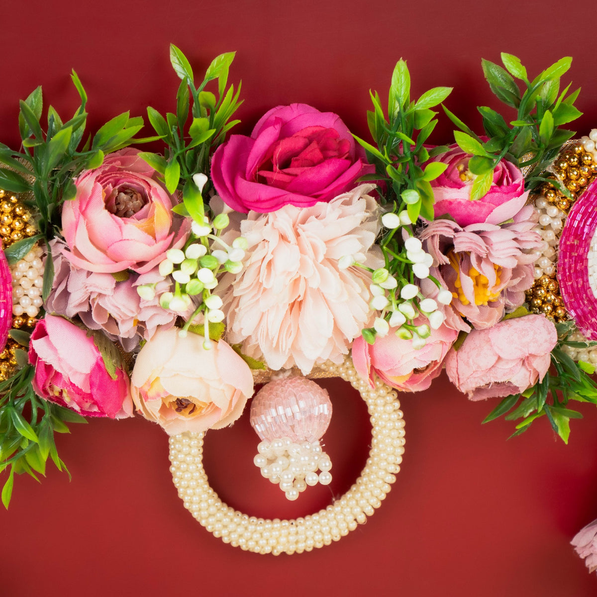 Handcrafted Pink Floral Evil Eye Toran with Side Latkans