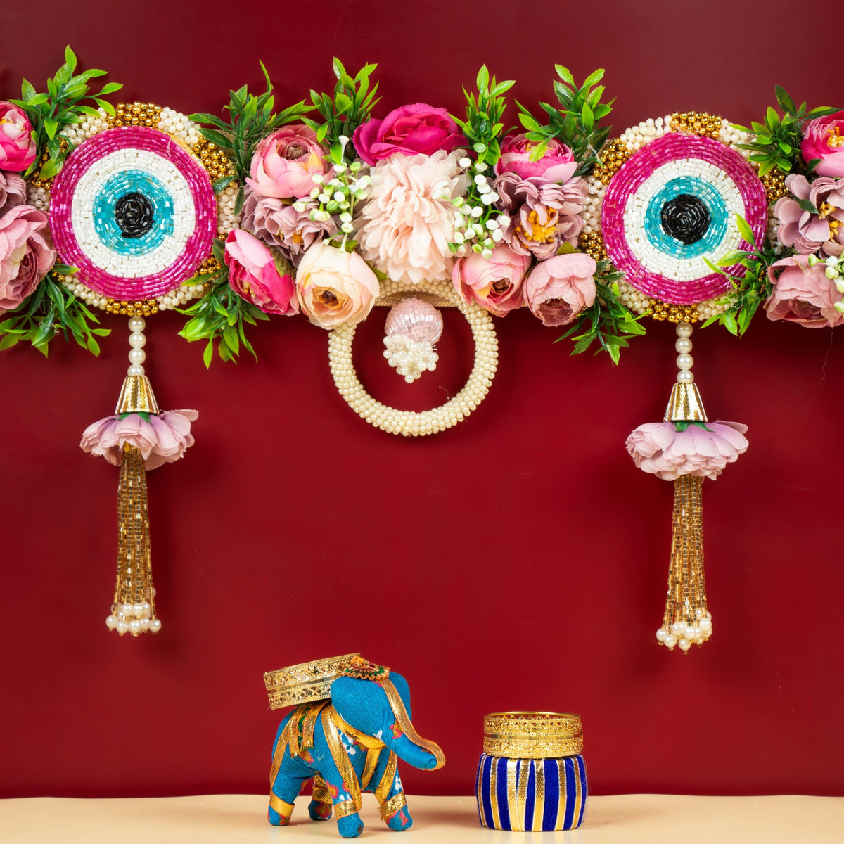 Handcrafted Pink Floral Evil Eye Toran with Side Latkans
