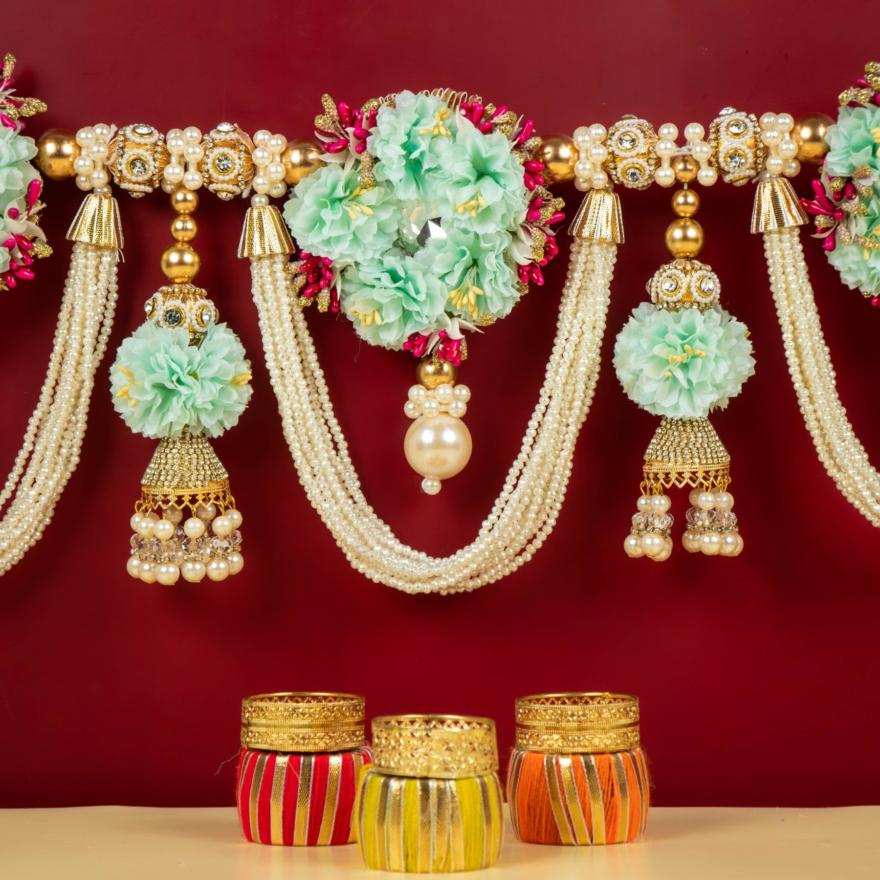 Handcrafted Turquoise and Pearl Beaded Floral Toran