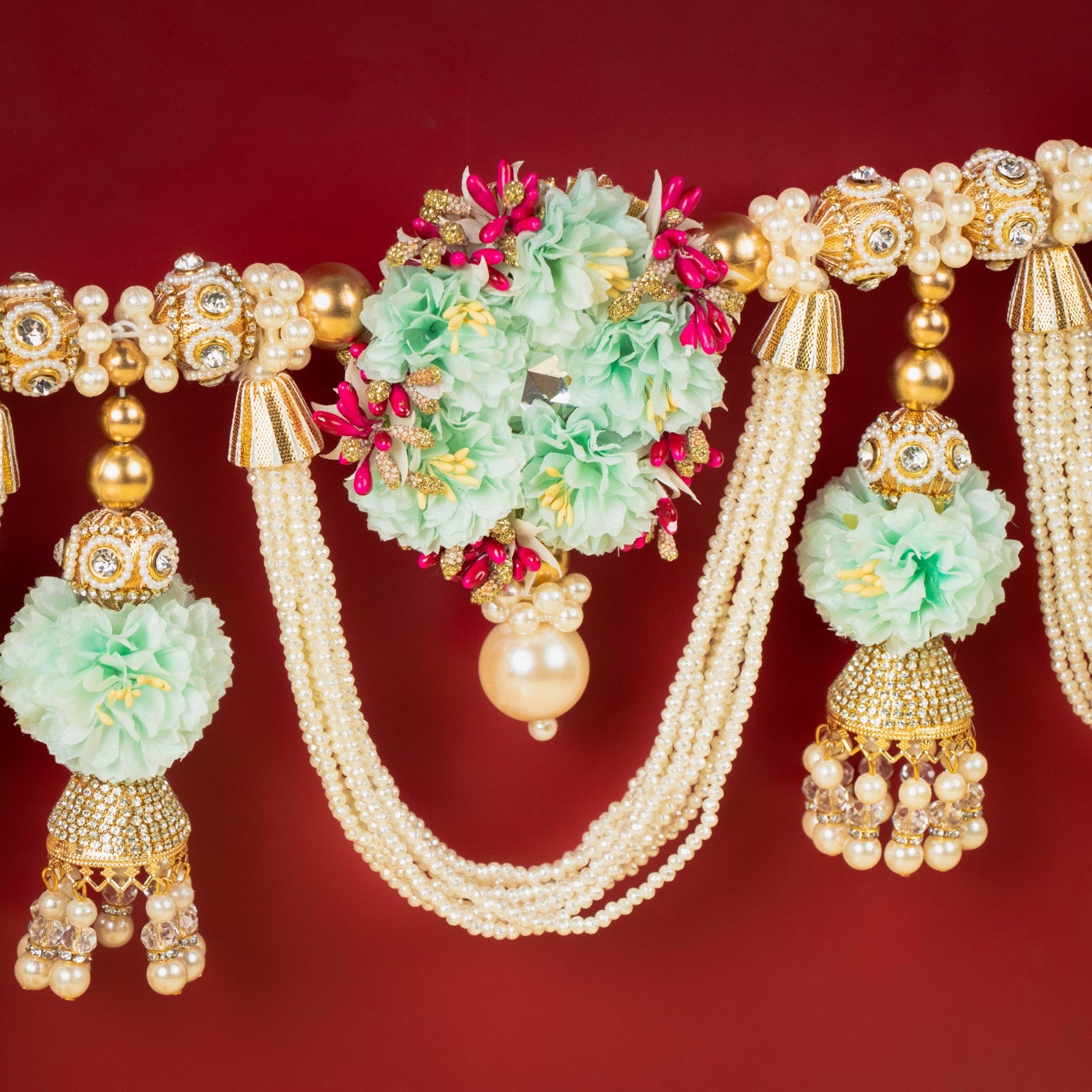 Handcrafted Turquoise and Pearl Beaded Floral Toran