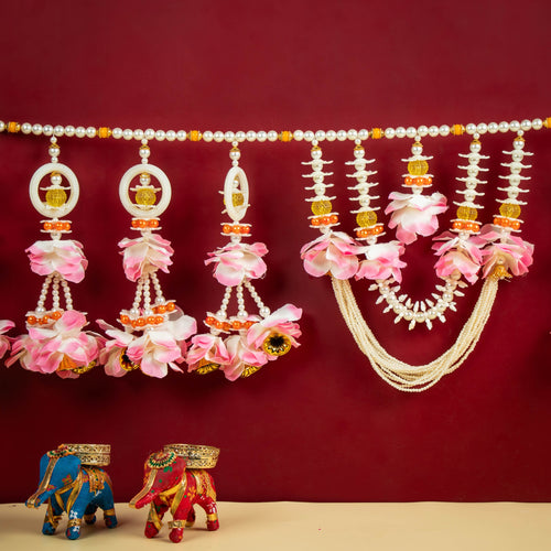 Handcrafted Pink Floral Beaded Toran with Pearl Work