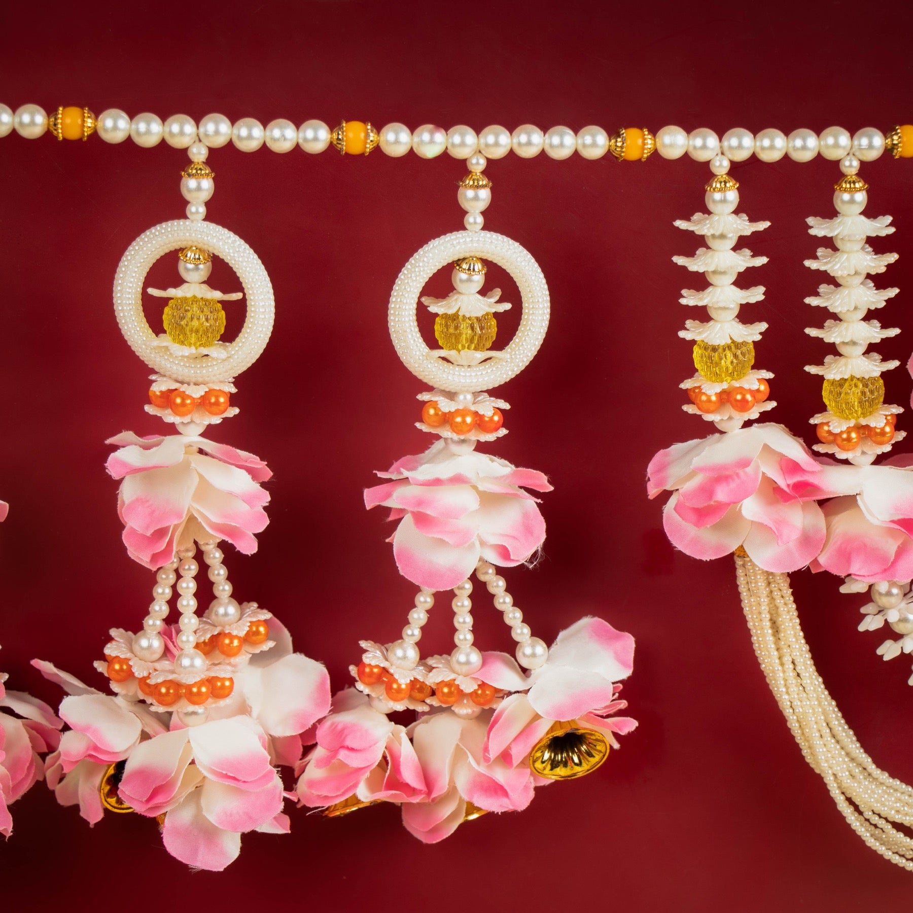 Handcrafted Pink Floral Beaded Toran with Pearl Work