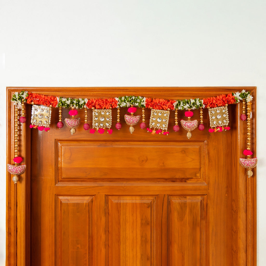 Handcrafted Red, White & Green Floral Square Mirror Work Toran