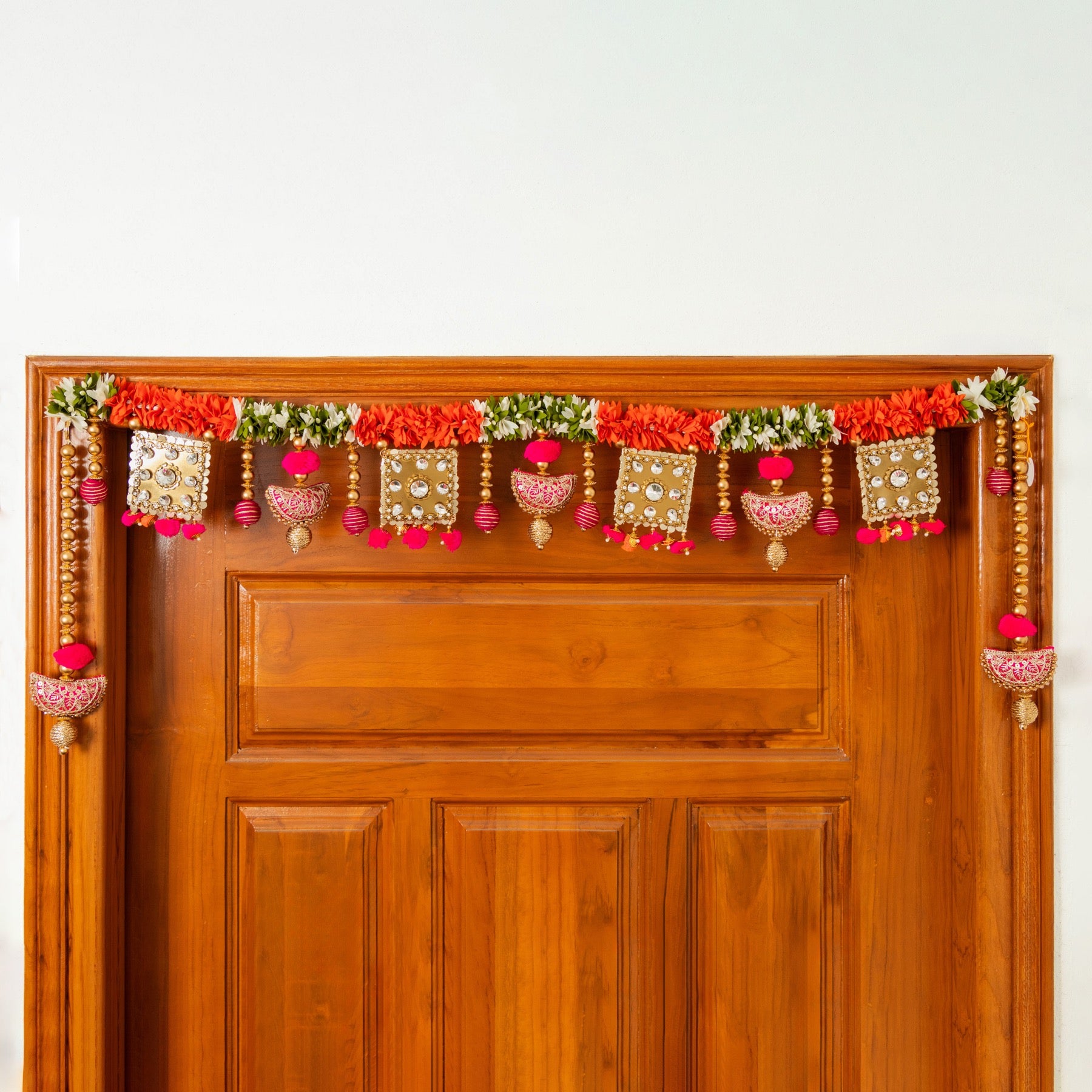 Handcrafted Red, White & Green Floral Square Mirror Work Toran
