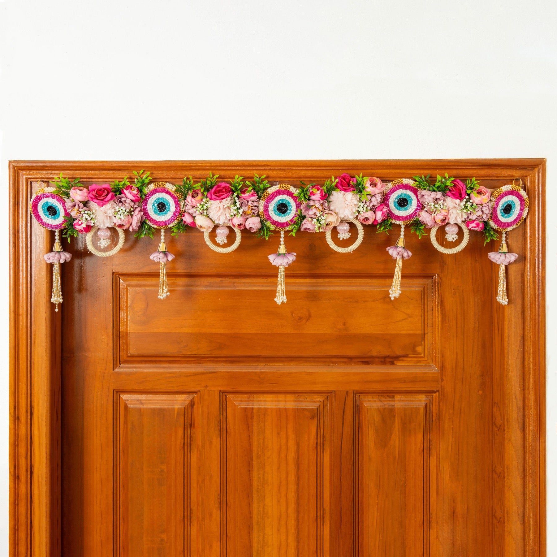 Handcrafted Pink Floral Evil Eye Toran with Side Latkans