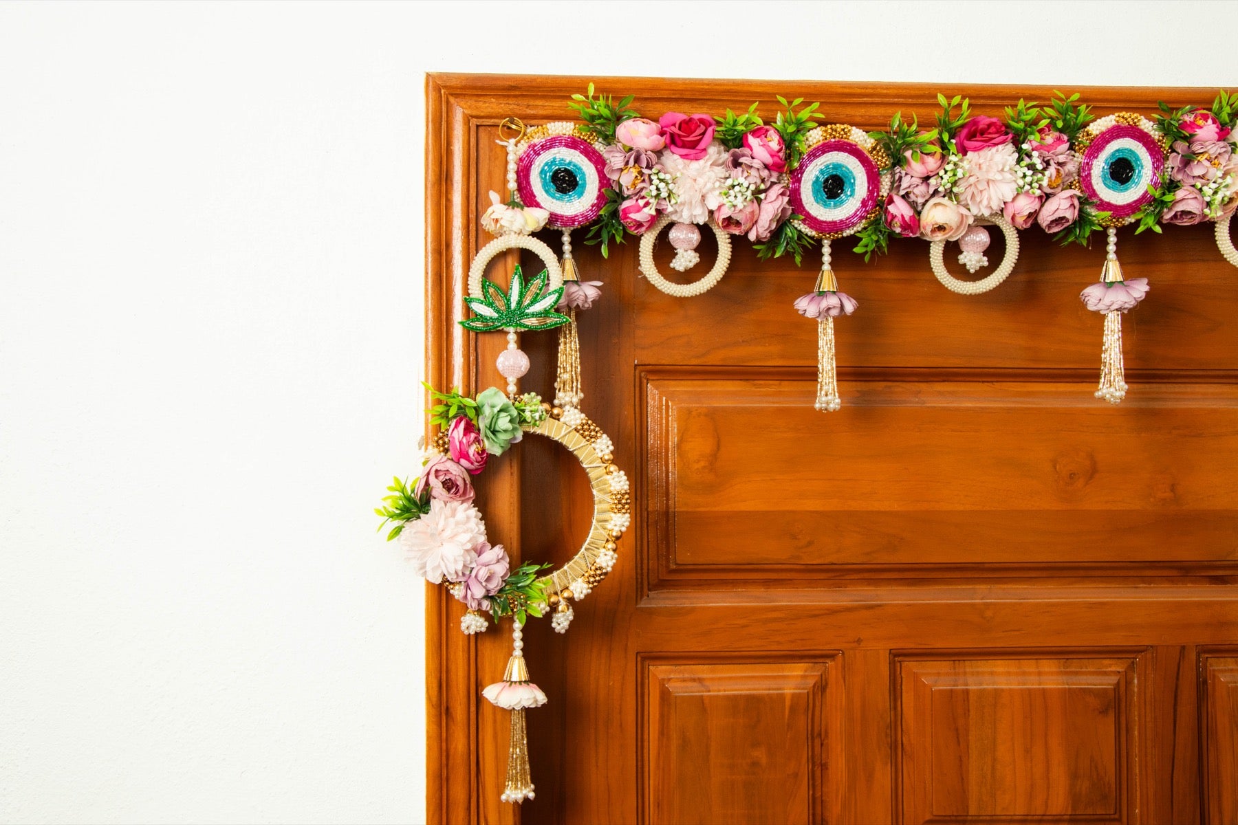 Handcrafted Pink Floral Evil Eye Toran with Side Latkans