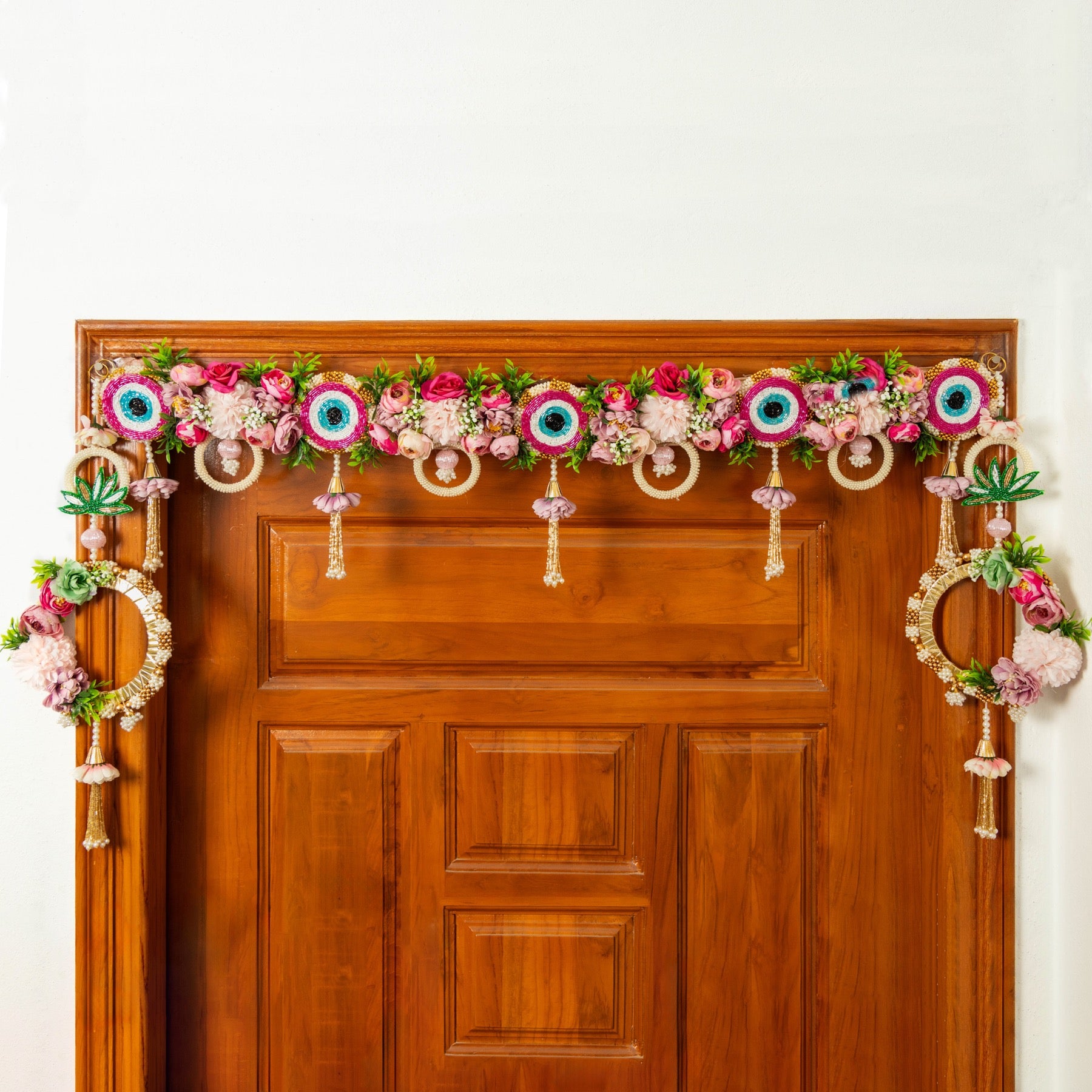 Handcrafted Pink Floral Evil Eye Toran with Side Latkans