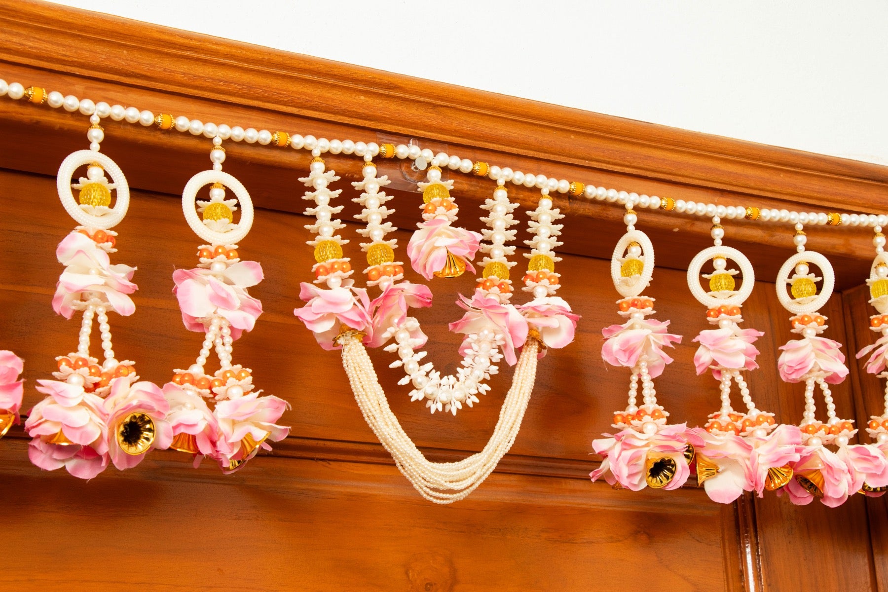 Handcrafted Pink Floral Beaded Toran with Pearl Work