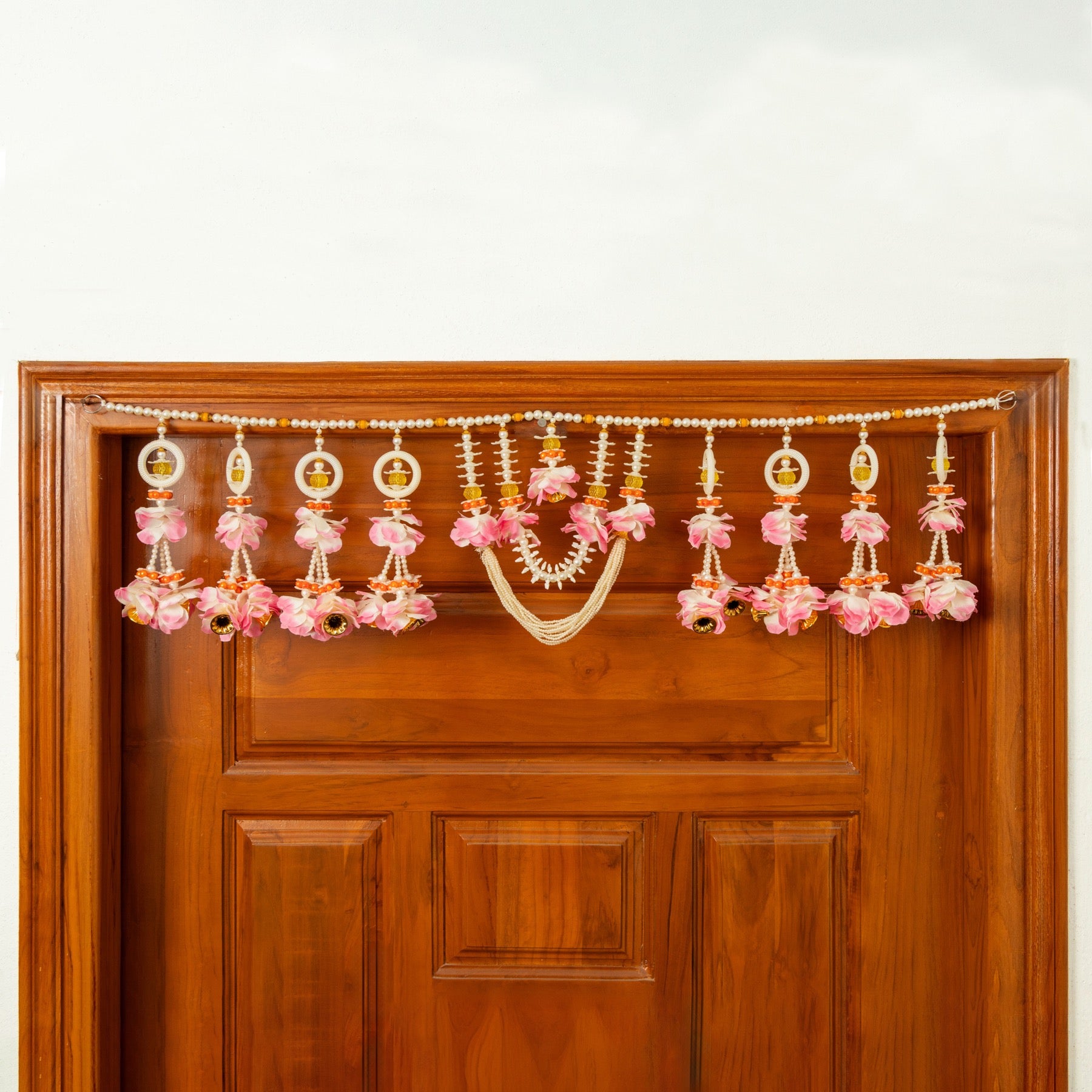 Handcrafted Pink Floral Beaded Toran with Pearl Work