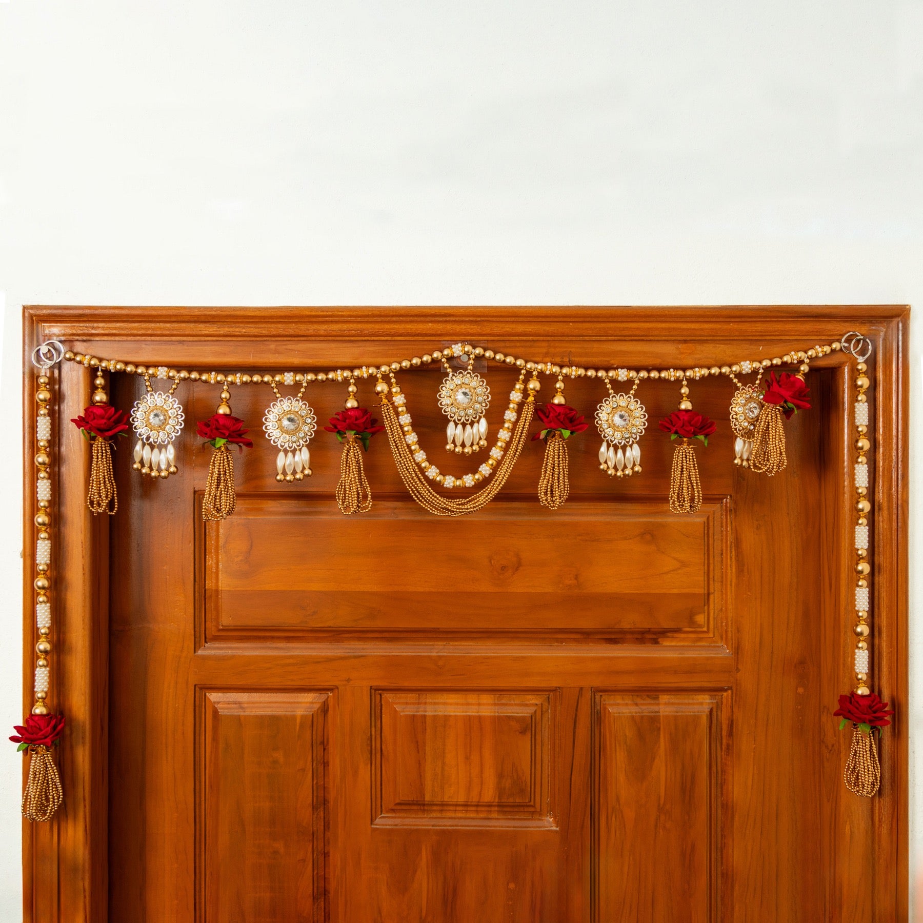 Handcrafted Red Floral Pearl & Beaded Door Toran with Kundan Stone Work