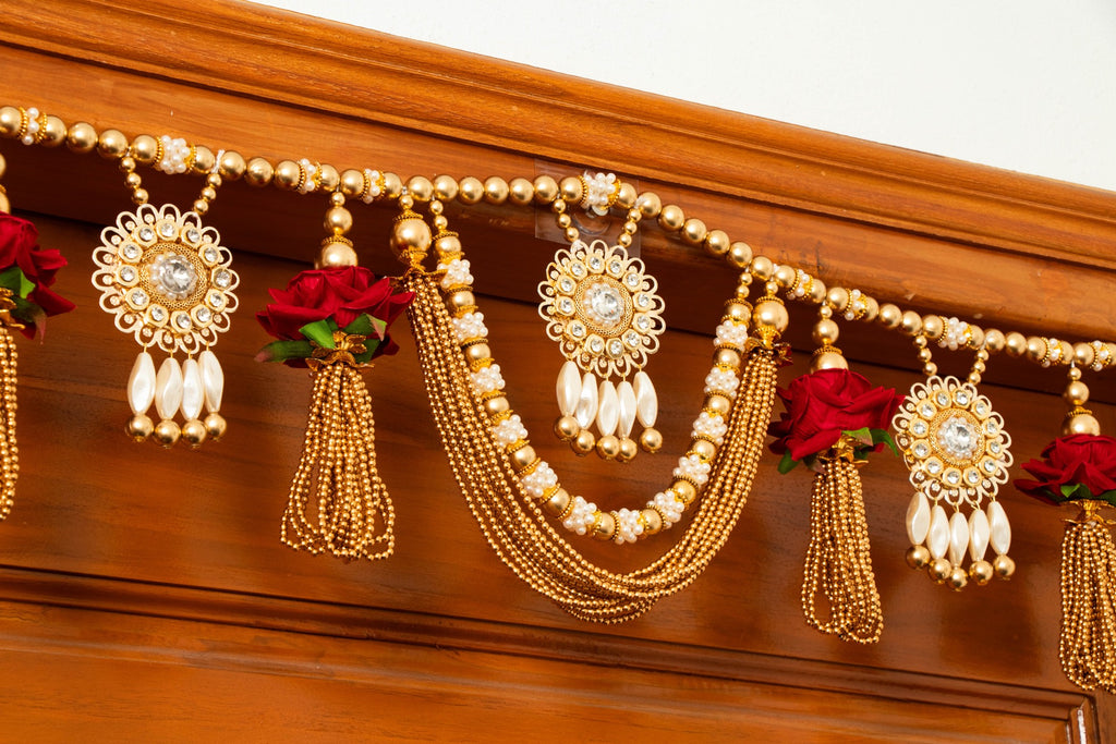 Handcrafted Red Floral Pearl & Beaded Door Toran with Kundan Stone Work